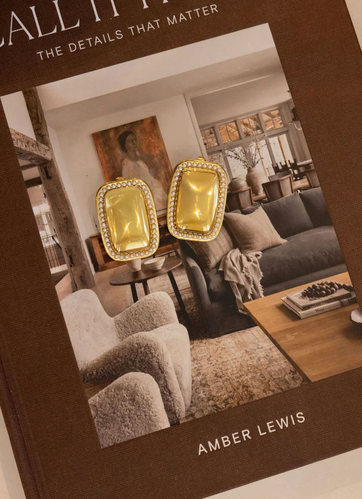 CHANSUTT PEARLS | Callista Rectangle Statement Stud Earrings with Pearl Trim in Gold