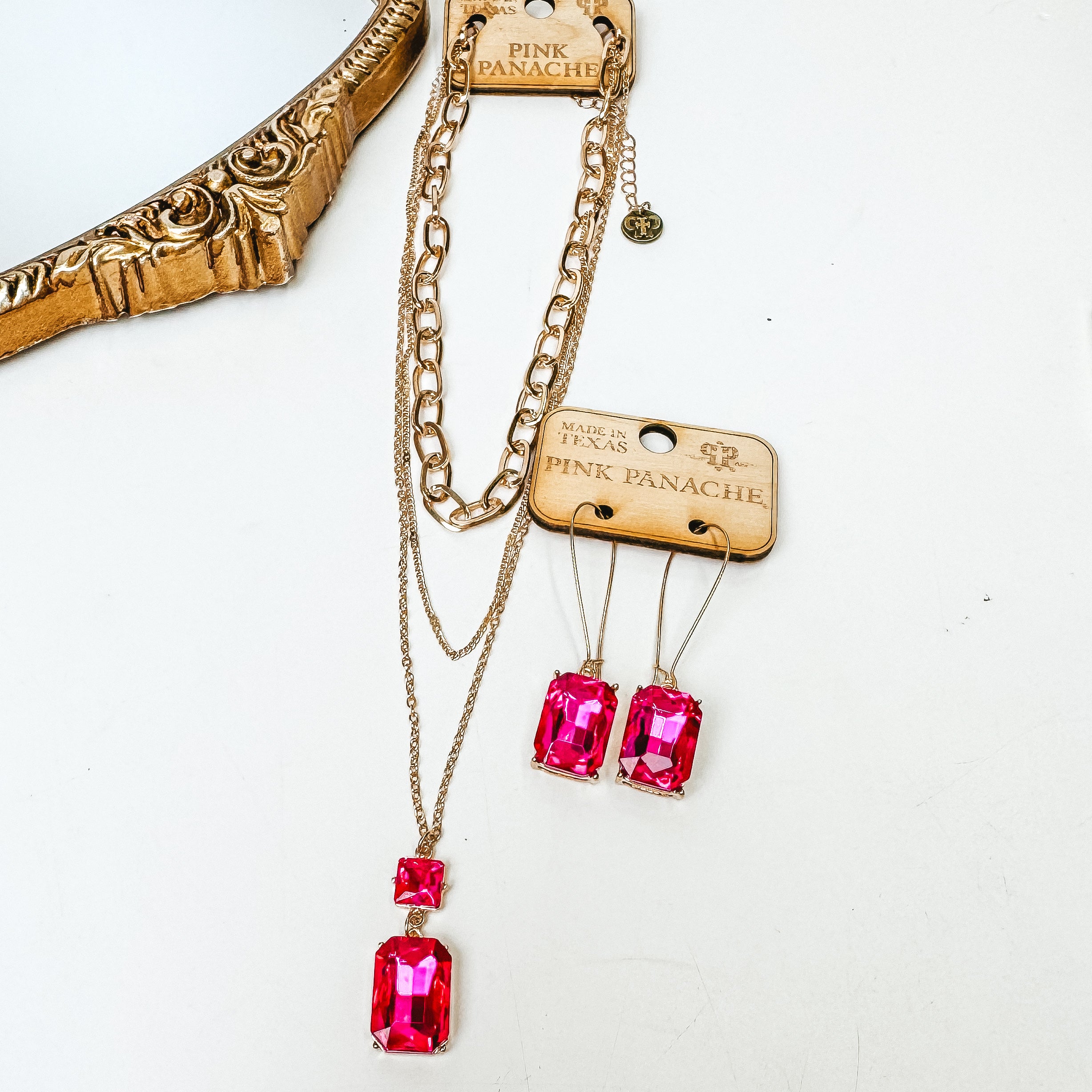 Pink Panache | 3 Strand Gold Tone Chain Necklace with Fuchsia Pink Square and Rectangle Pendant - Giddy Up Glamour Boutique