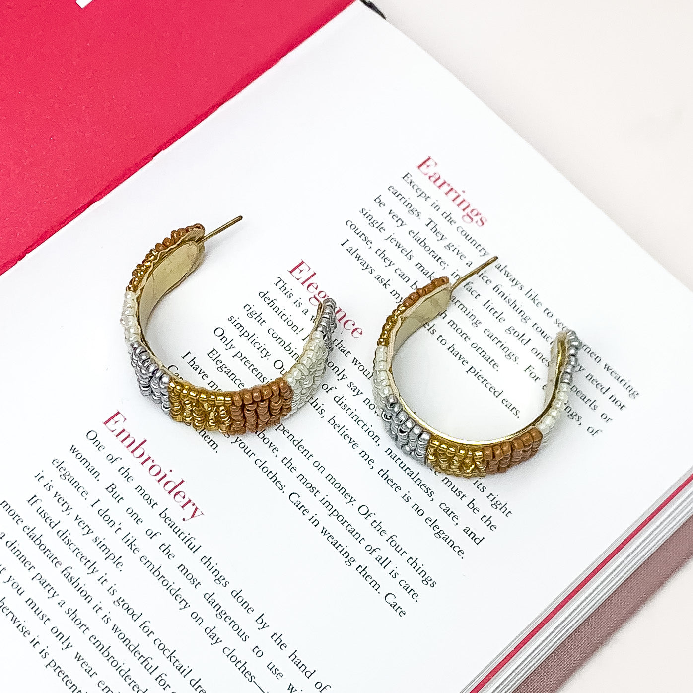 Vacay Era Gold Tone Beaded Hoop Earrings in Neutral Tones - Giddy Up Glamour Boutique