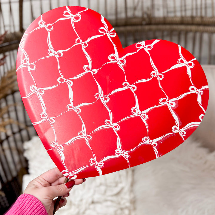 The Round Top Collection | Bow and Lattice Print Heart Garden Stake in Red