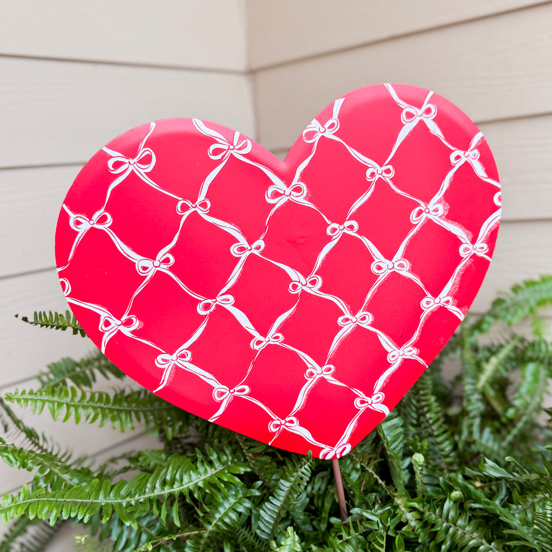 The Round Top Collection | Bow and Lattice Print Heart Garden Stake in Red