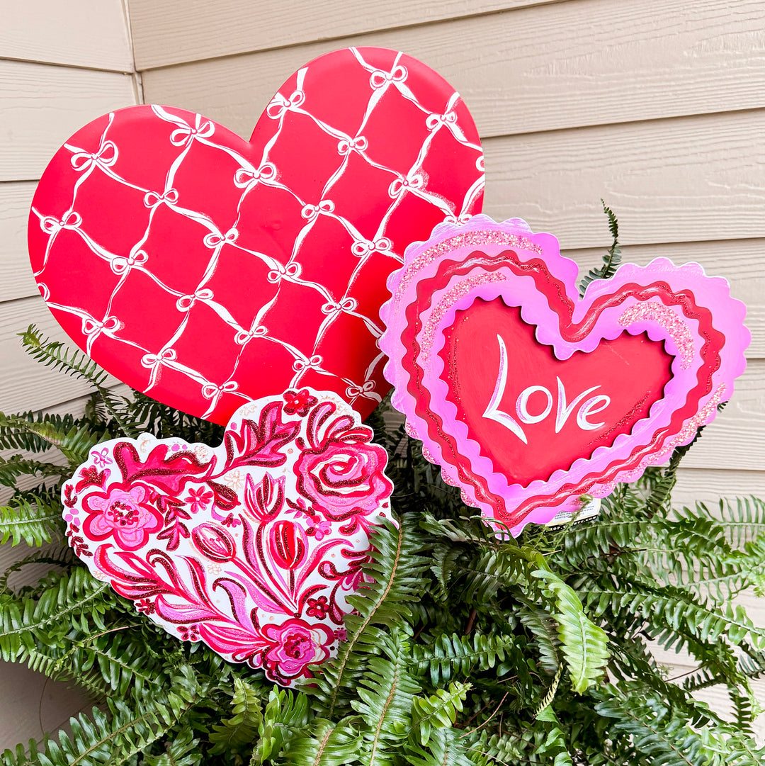 The Round Top Collection | Bow and Lattice Print Heart Garden Stake in Red