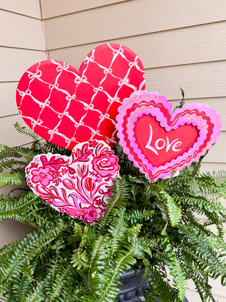 The Round Top Collection | Bow and Lattice Print Heart Garden Stake in Red