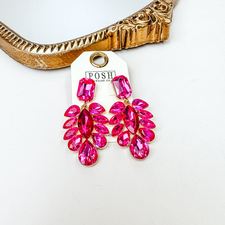 Pink Panache | Gold Tone Crystal Teardrop Statement Earrings in Fuchsia Pink - Giddy Up Glamour Boutique