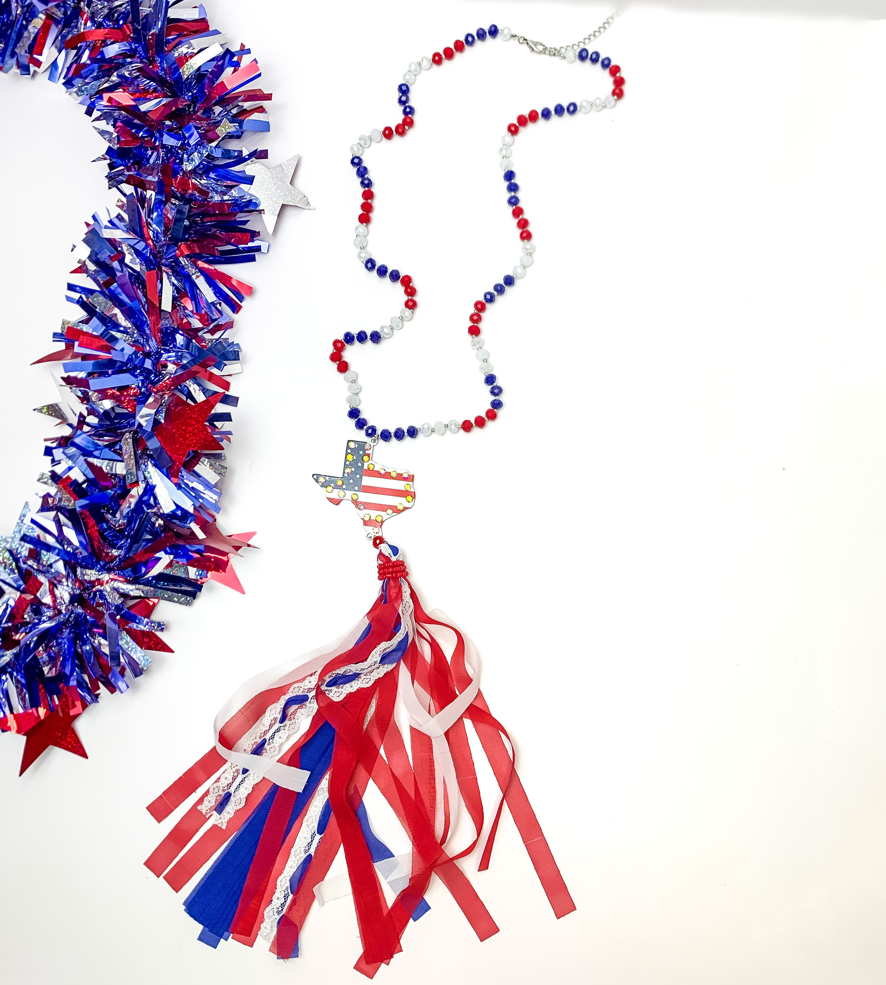 Red White and Bold USA Flag Texas Shape Necklace with Tassels - Giddy Up Glamour Boutique