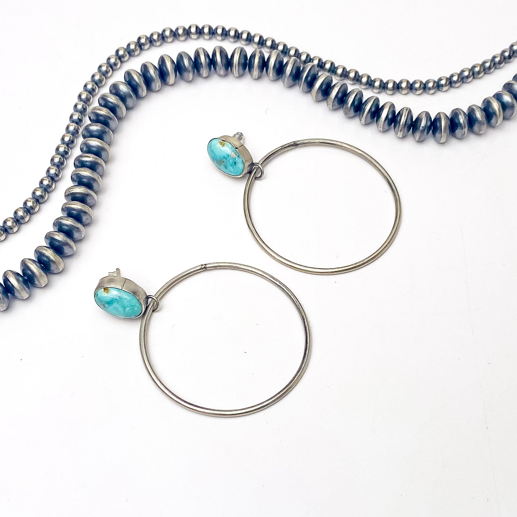 Tricia Smith | Navajo Handmade Hoop Sterling Silver Earrings with Turquoise Stones - Giddy Up Glamour Boutique