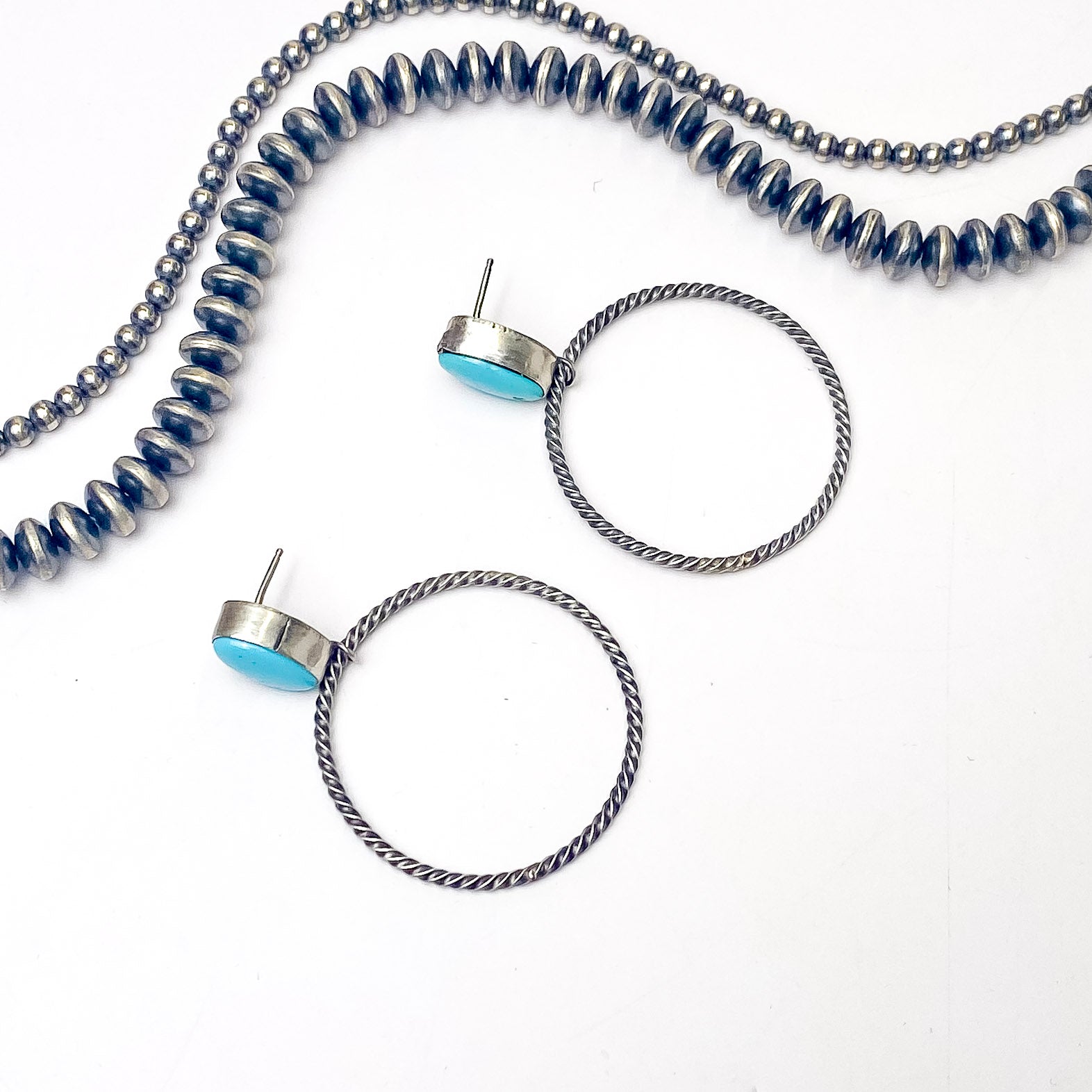 Tricia Smith | Navajo Handmade Rope Hoop Sterling Silver Earrings with Royston Turquoise Stones - Giddy Up Glamour Boutique