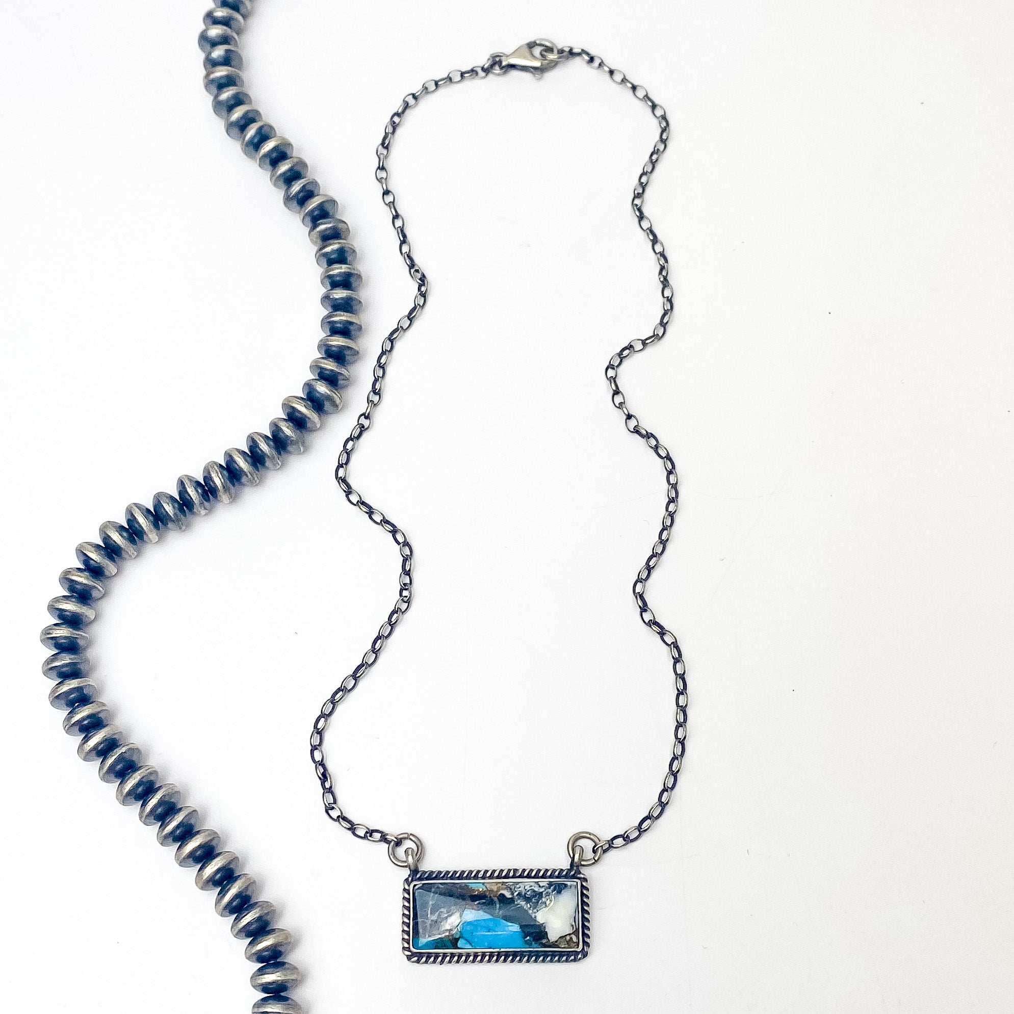 Augustine Largo | Navajo Handmade Sterling Silver Chain Necklace with White Buffalo and Turquoise Remix Bar - Giddy Up Glamour Boutique