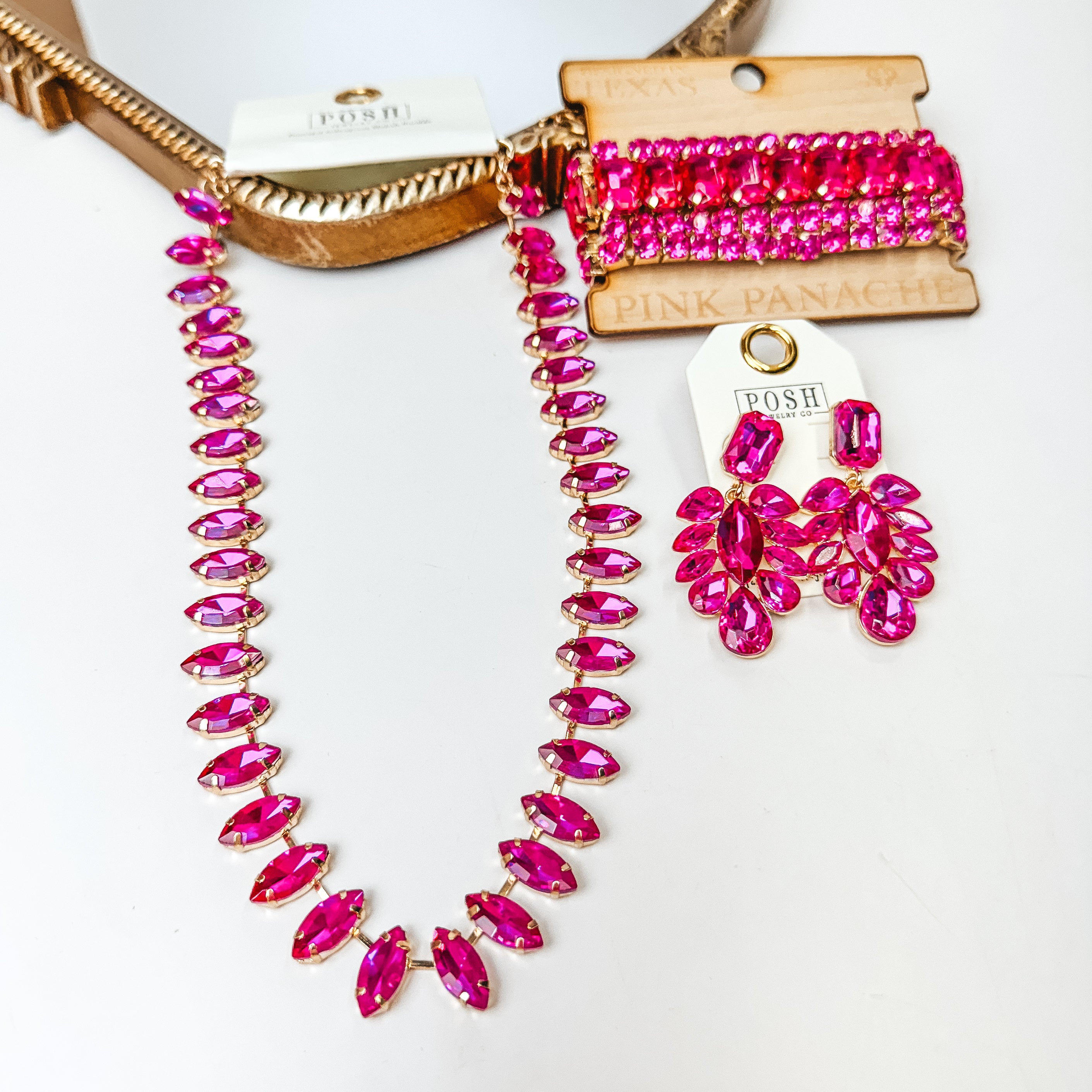Pink Panache | Gold Tone Rhinestone Bracelet Set in Fuchsia Pink - Giddy Up Glamour Boutique