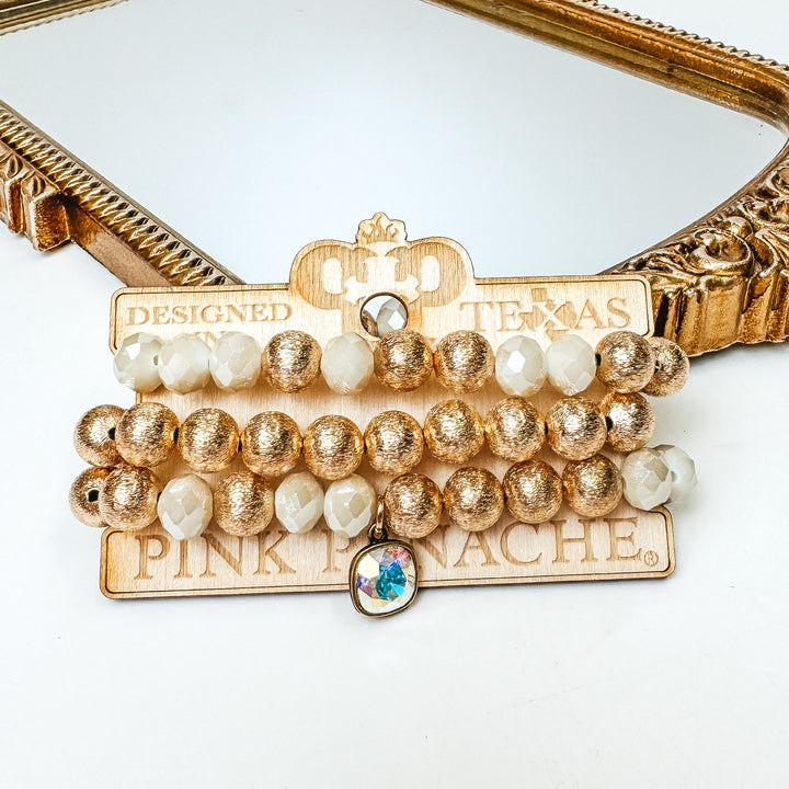 Pink Panache | Gold Tone and Crystal Beaded Bracelet Set  With Cushion Cut Crystal in Ivory - Giddy Up Glamour Boutique