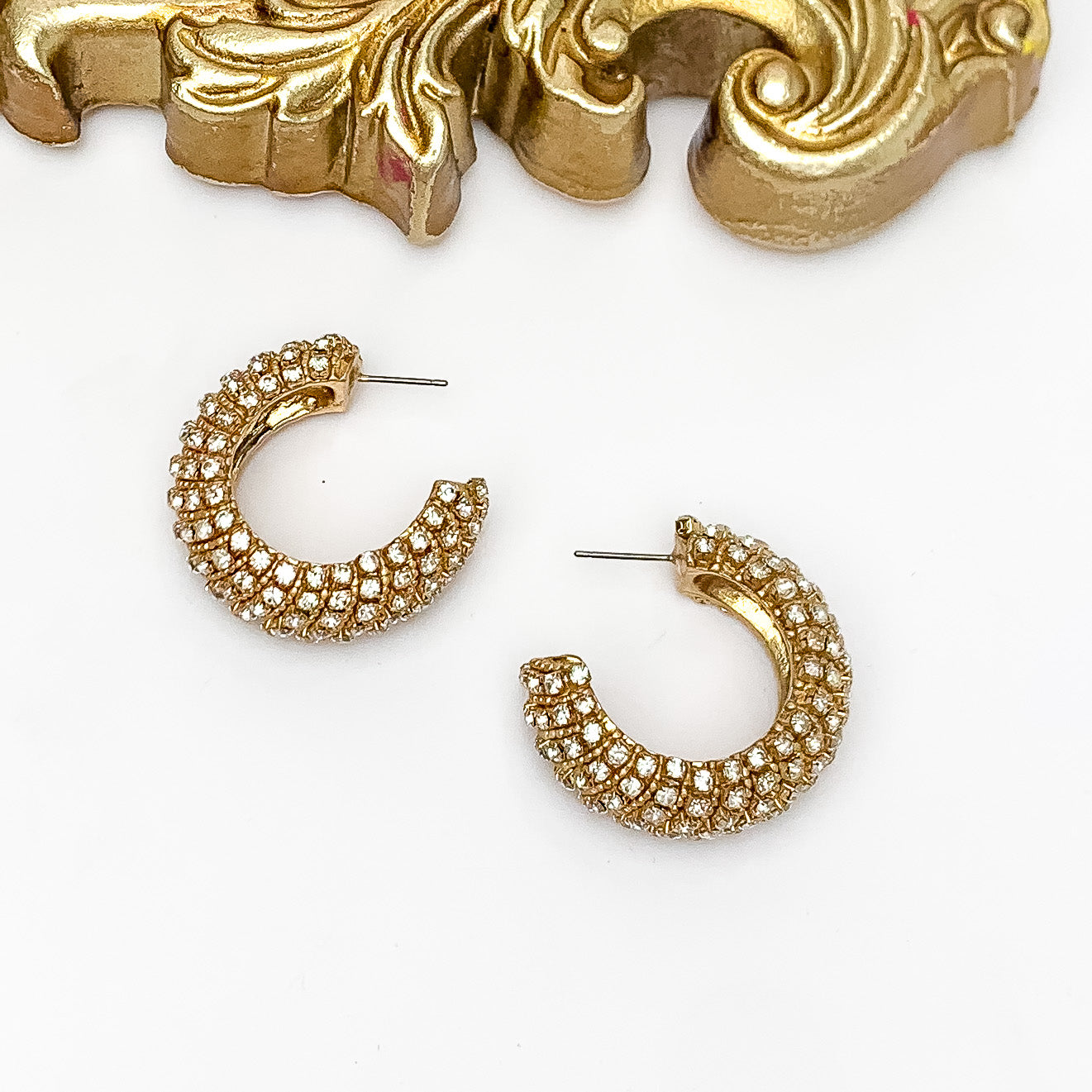 Gold Tone Bubble Hoop Earrings With Clear Crystals - Giddy Up Glamour Boutique