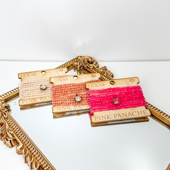 Pink Panache | Crystal Beaded Bracelet Set With Cushion Cut AB Crystal in Blush Ivory - Giddy Up Glamour Boutique