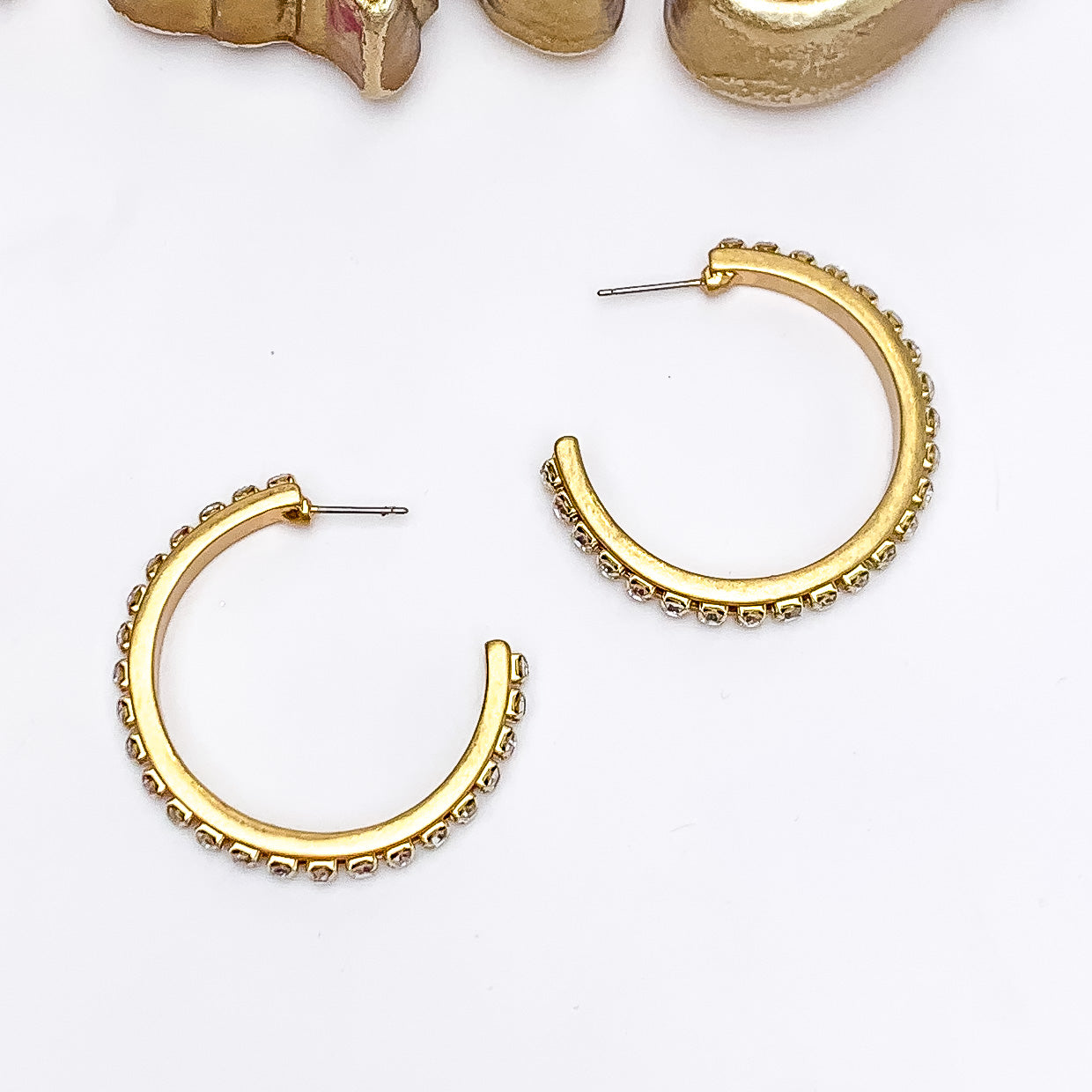 City Nights Gold Tone Hoop Earrings With Inlaid Clear Crystals - Giddy Up Glamour Boutique