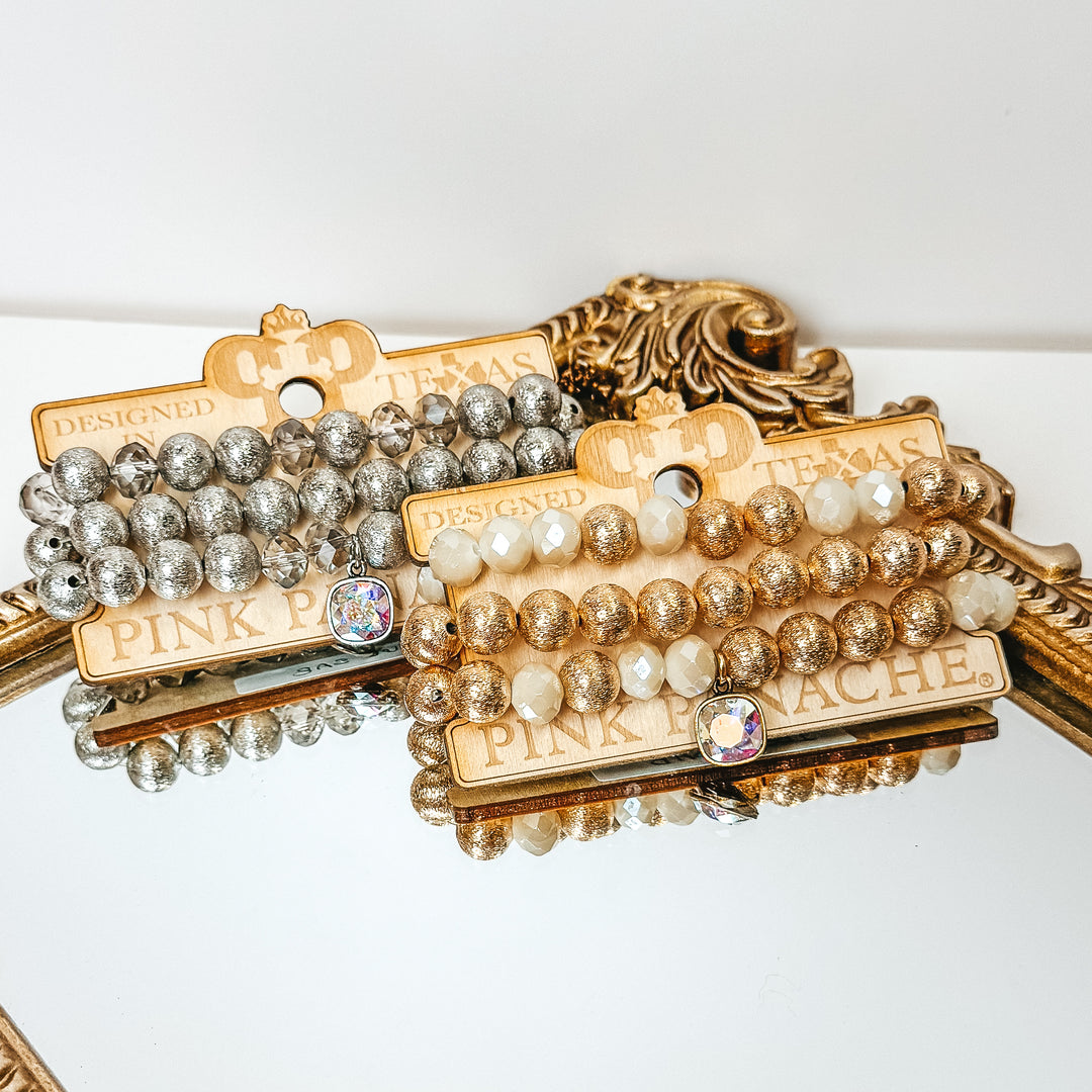 Pink Panache | Gold Tone and Crystal Beaded Bracelet Set  With Cushion Cut Crystal in Ivory - Giddy Up Glamour Boutique