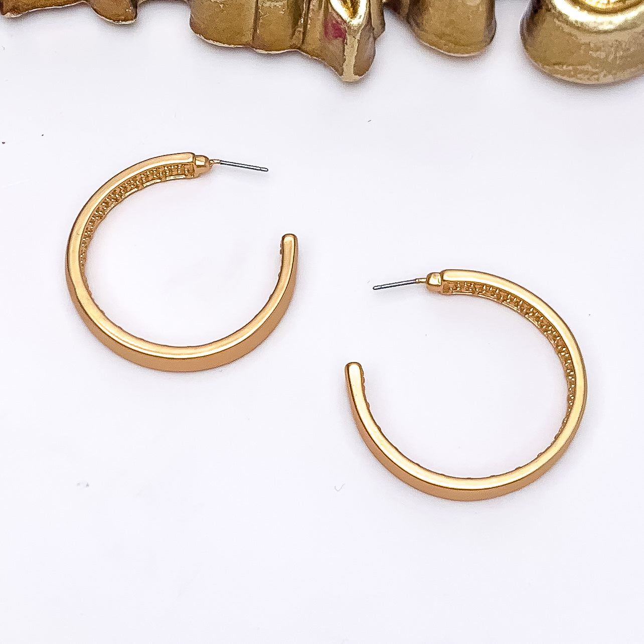 Gold Tone Large Hoop Earrings With a Textured Inside - Giddy Up Glamour Boutique