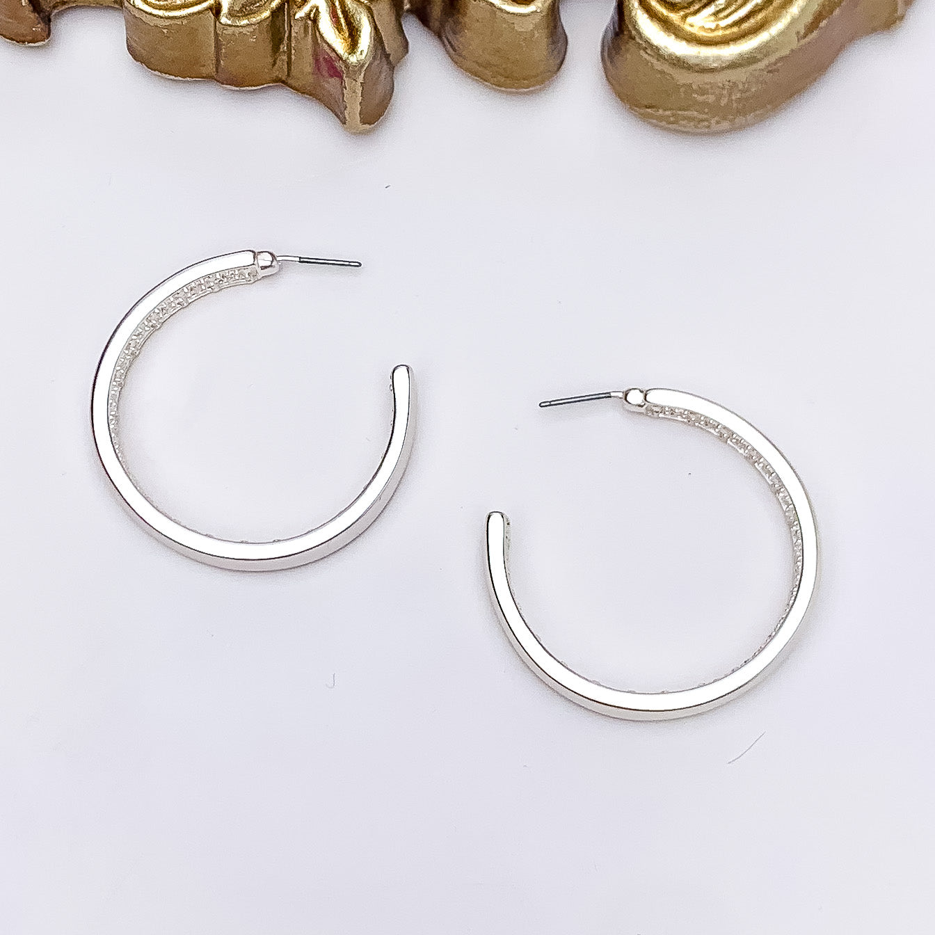 Silver Tone Large Hoop Earrings With a Textured Inside - Giddy Up Glamour Boutique