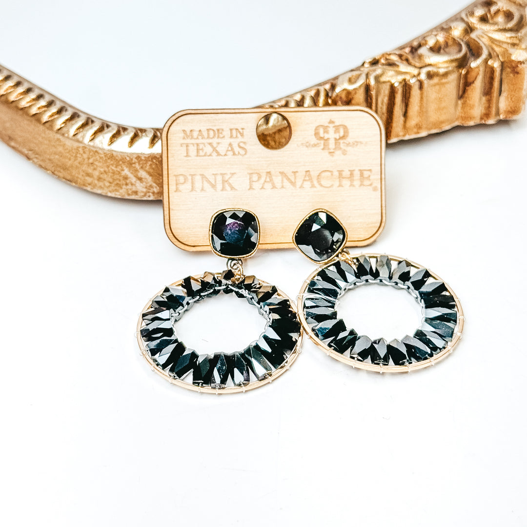 Pink Panache | Cushion Cut Crystal Post Earrings with Crystal Beaded Circle Drop in Black - Giddy Up Glamour Boutique
