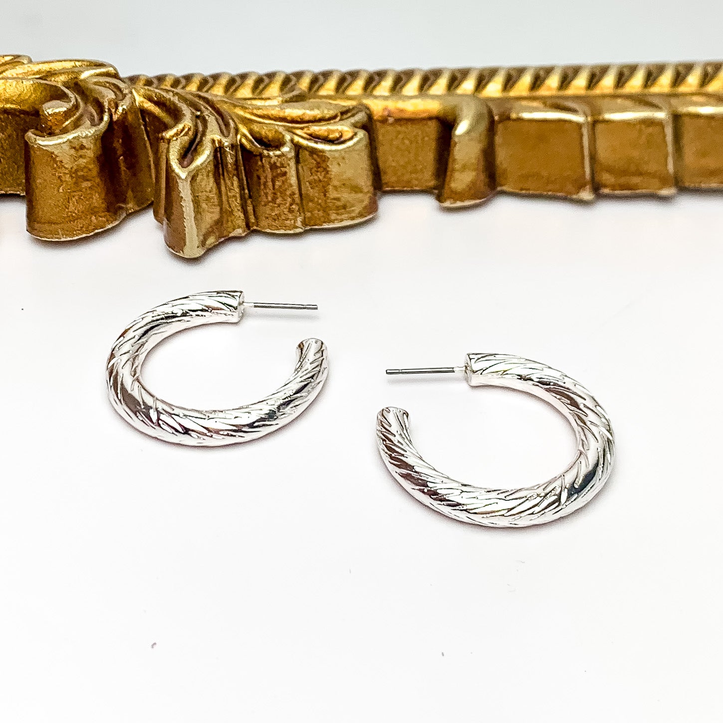 Silver Tone Small Twisted Hoop Earrings. Pictured on a white background with a gold frame above the earrings