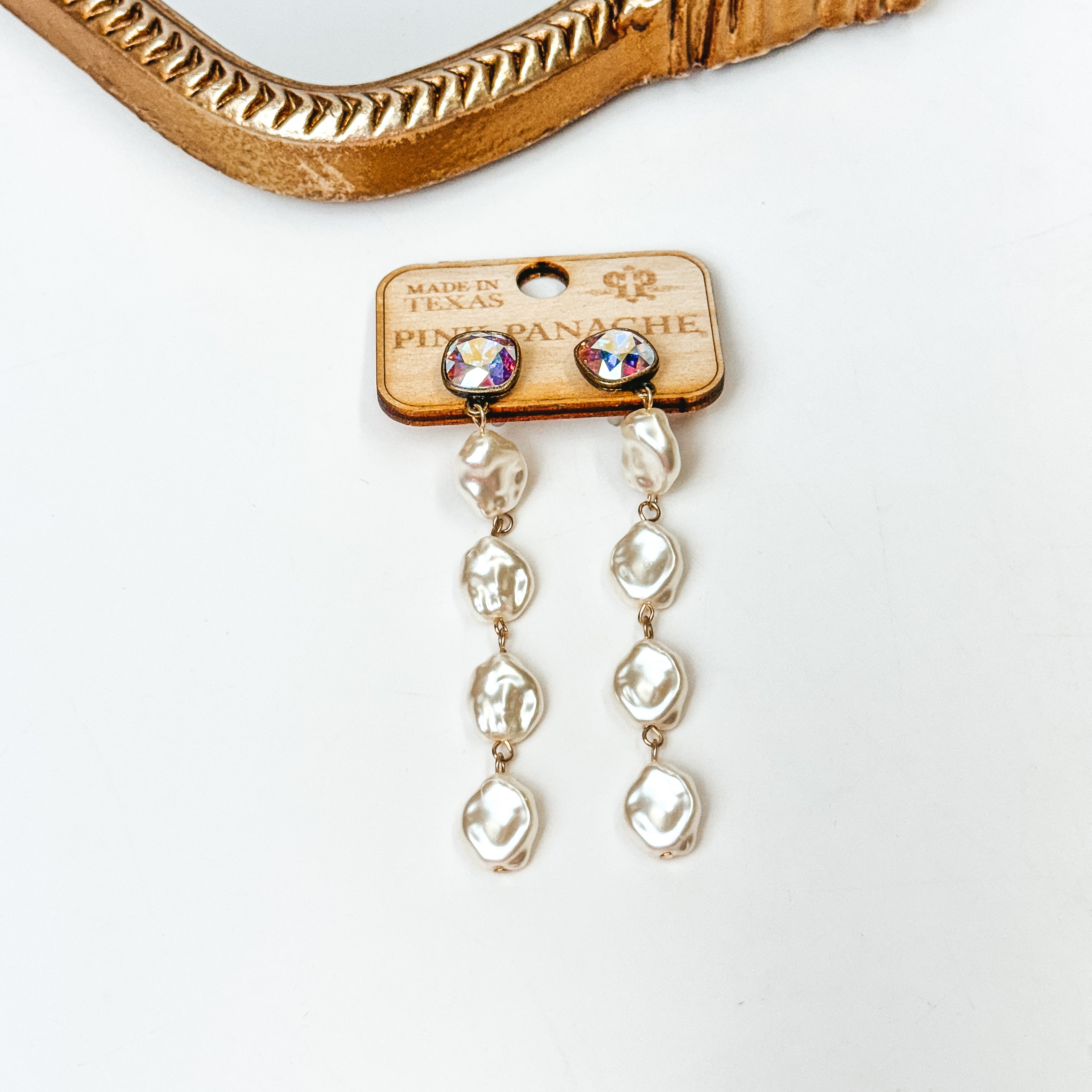 Pink Panache | AB Cushion Cut Crystal Post and Four Coin Pearl Drop Earrings - Giddy Up Glamour Boutique