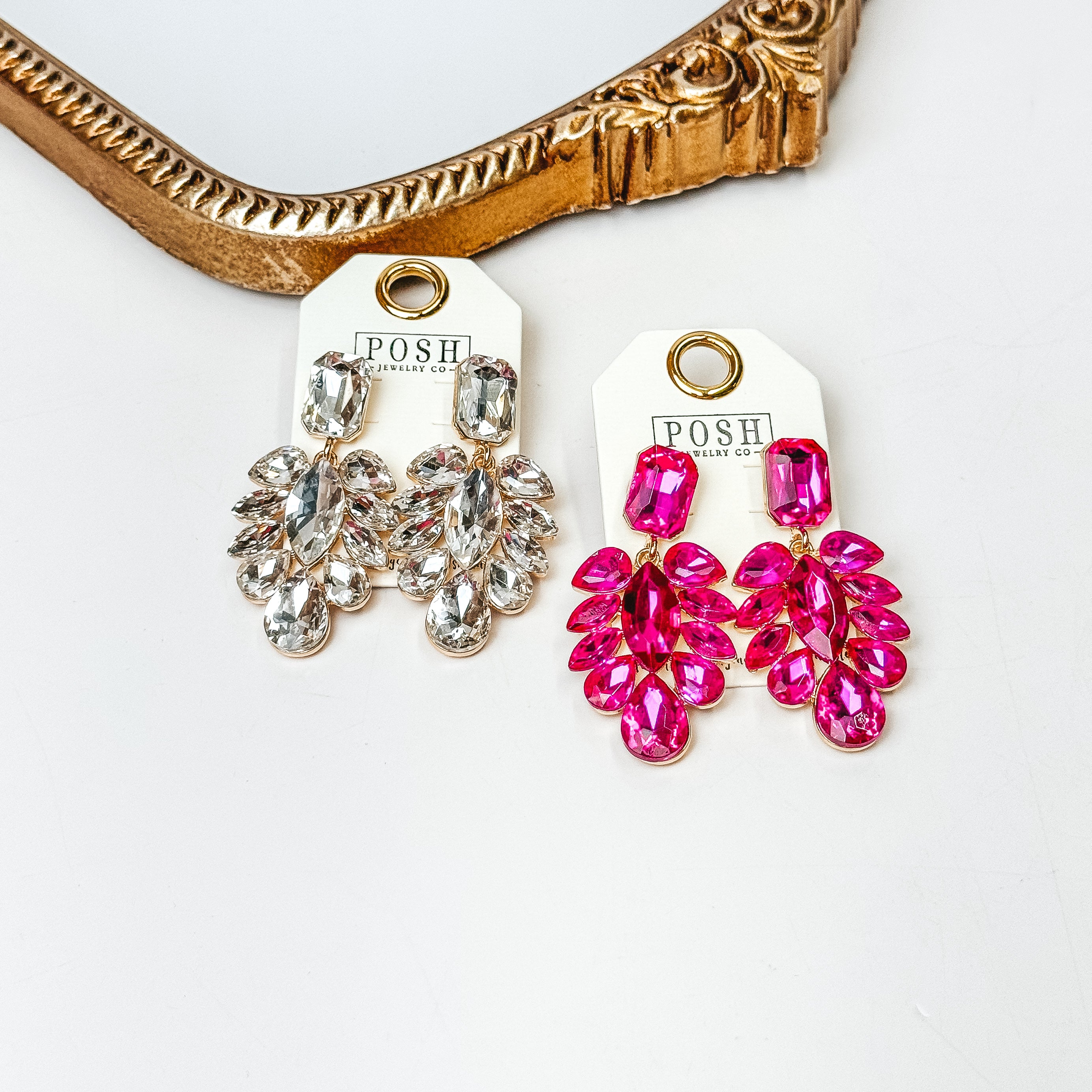 Pink Panache | Gold Tone Crystal Teardrop Statement Earrings in Fuchsia Pink - Giddy Up Glamour Boutique