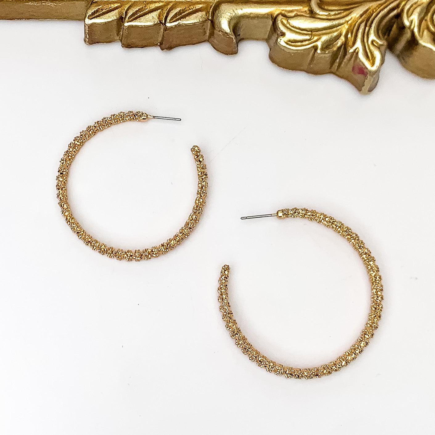 Worry Free Large Gold Tone Textured Hoop Earrings - Giddy Up Glamour Boutique