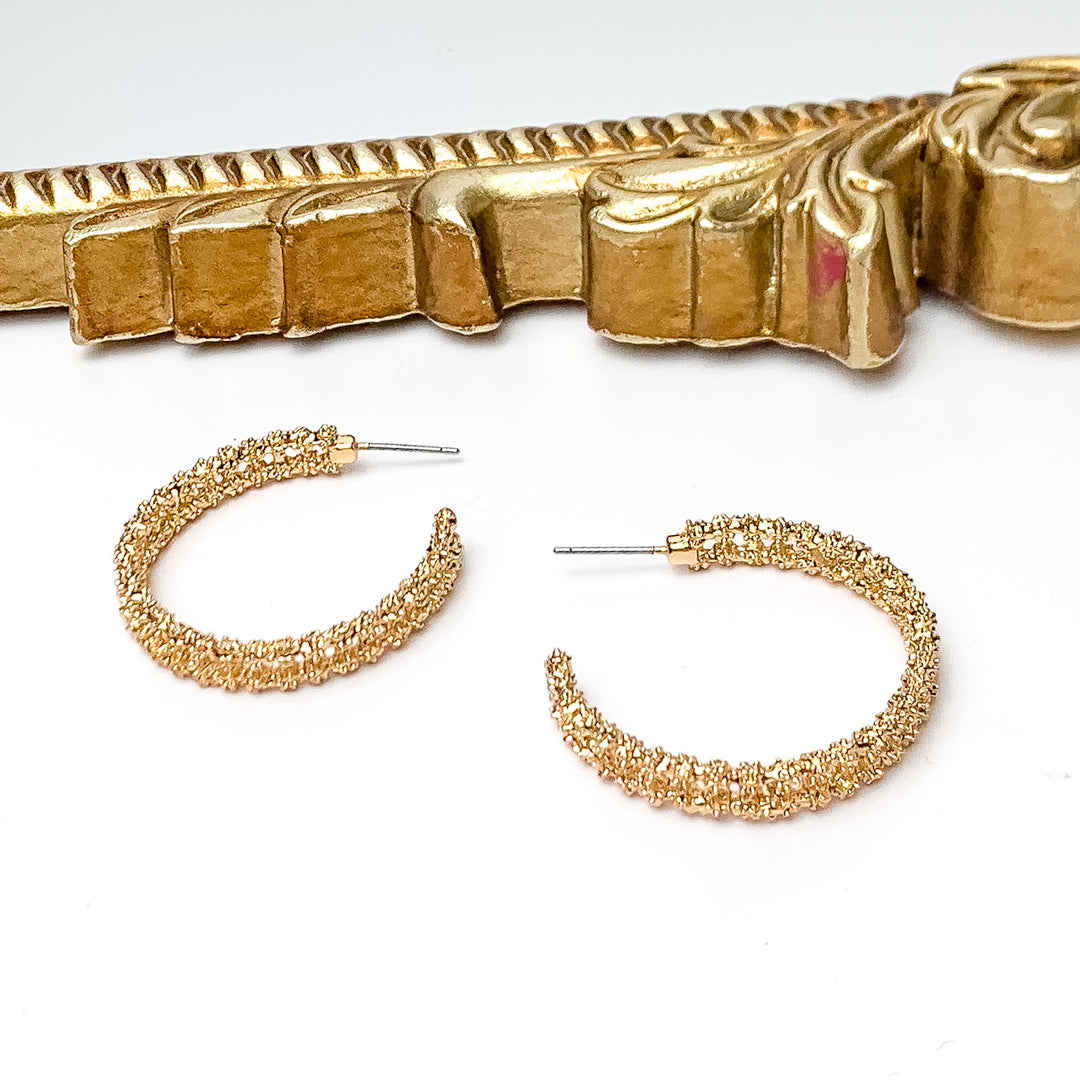 Worry Free Medium Gold Tone Textured Hoop Earrings - Giddy Up Glamour Boutique