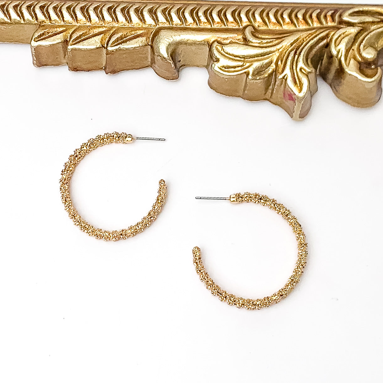 Worry Free Medium Gold Tone Textured Hoop Earrings - Giddy Up Glamour Boutique
