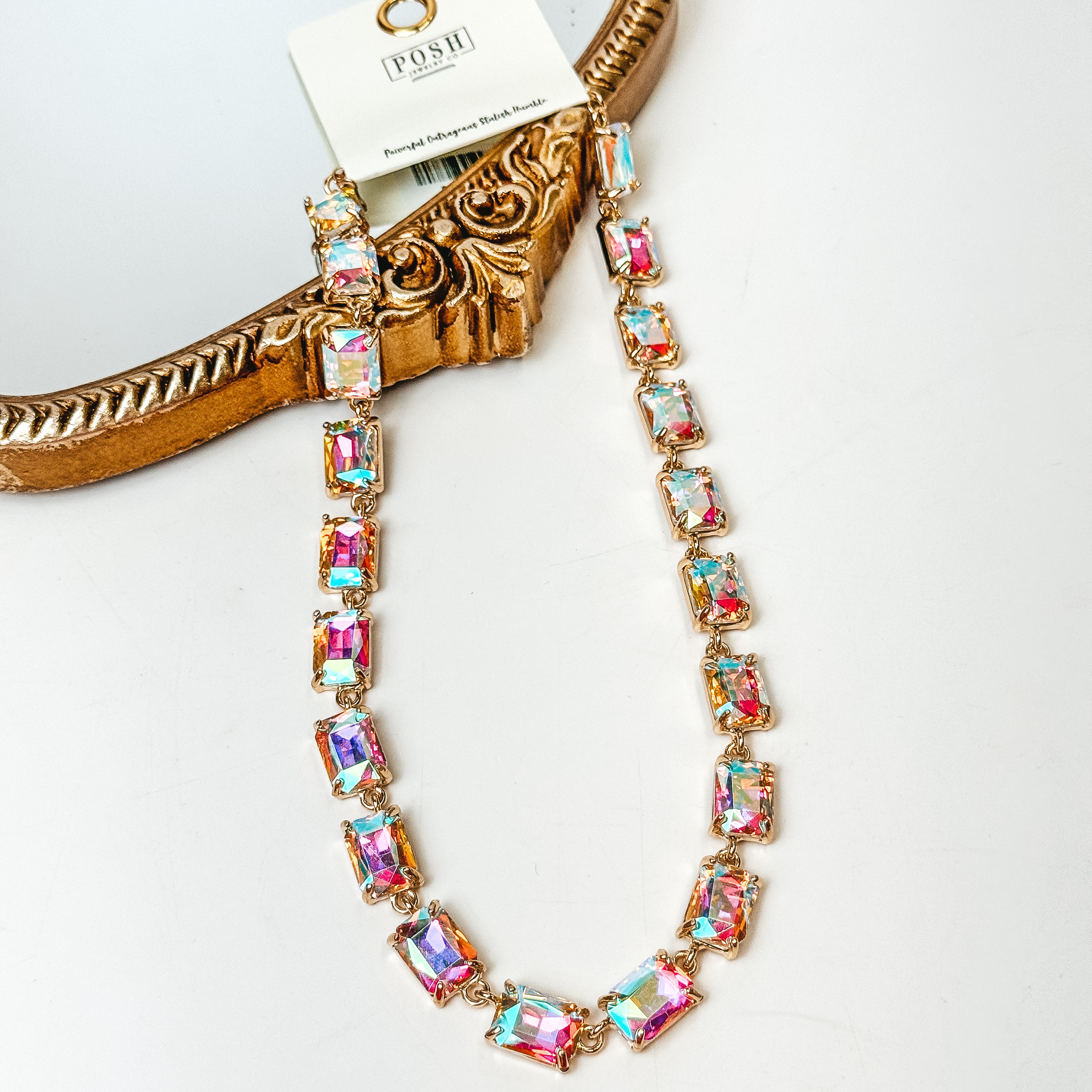 Pink Panache | Rectangle AB Crystal Necklace - Giddy Up Glamour Boutique