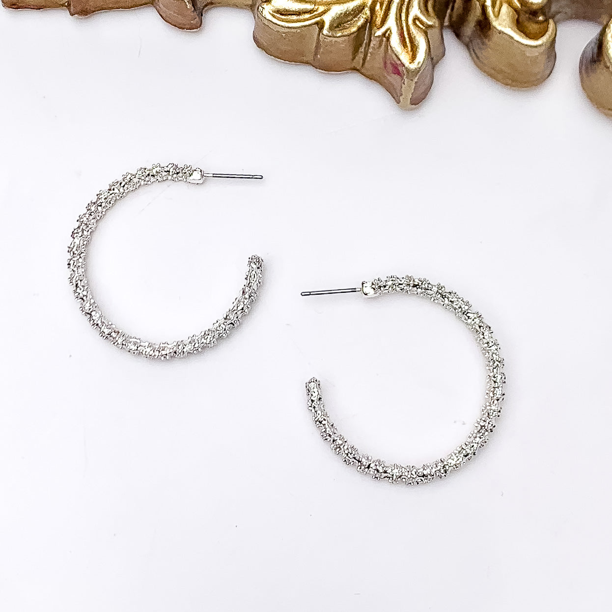 Worry Free Medium Silver Tone Textured Hoop Earrings - Giddy Up Glamour Boutique