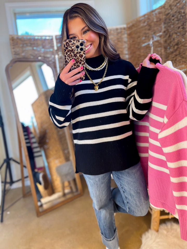 Chilly Day Charm Mock Neck Long Sleeve High-Low Striped Sweater in Pink with Ivory Stripes