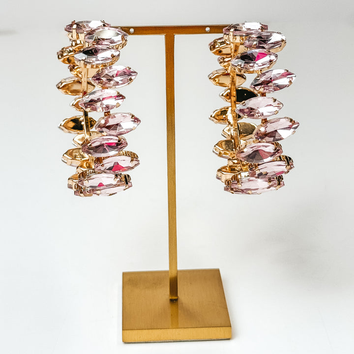 Pink Panache | Gold Tone Rhinestone Hoop Earrings in Light Pink - Giddy Up Glamour Boutique