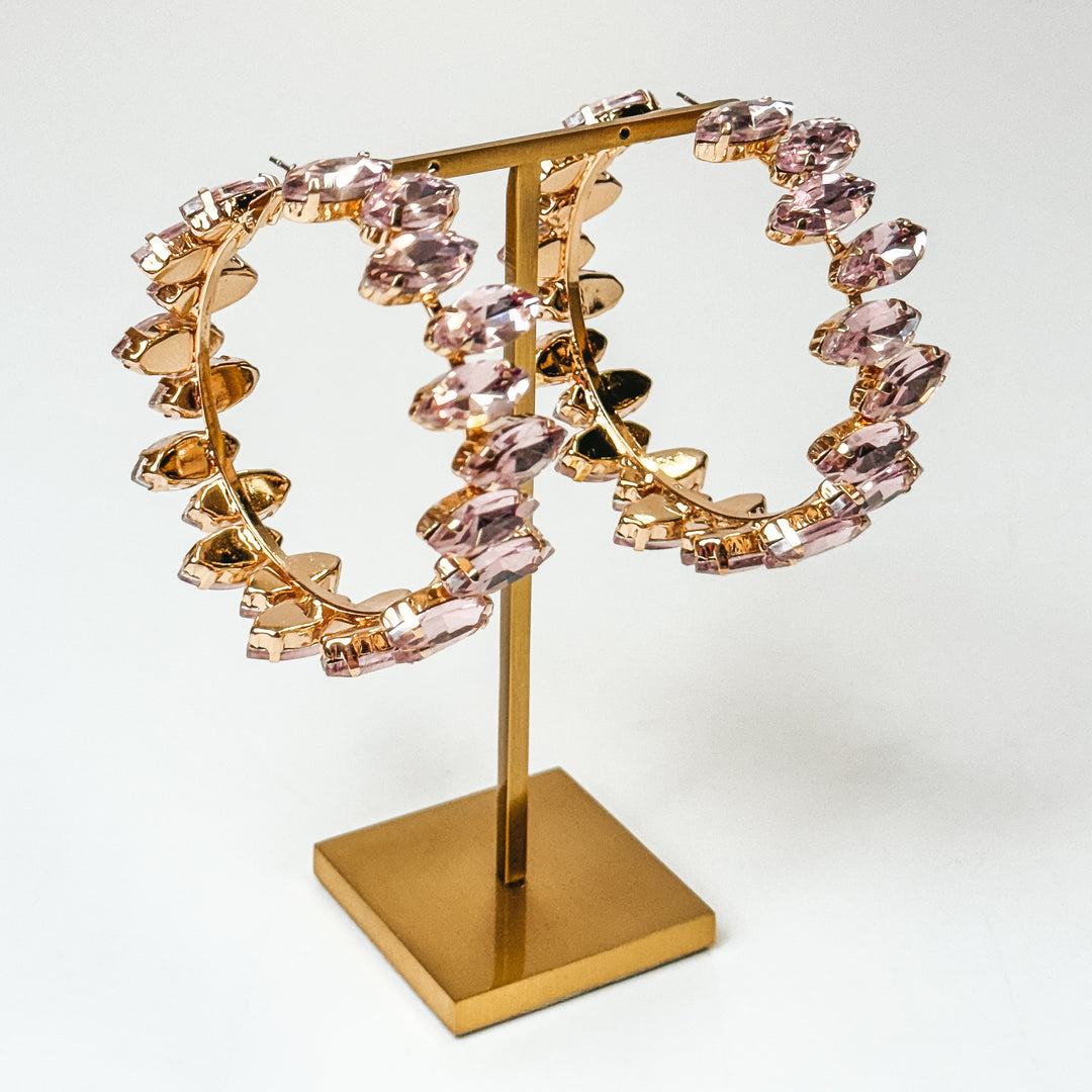 Pink Panache | Gold Tone Rhinestone Hoop Earrings in Light Pink - Giddy Up Glamour Boutique