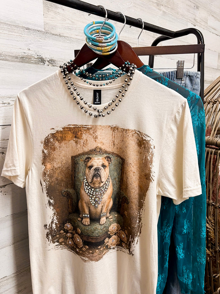 Fancy Francine the Glam French Bulldog Printed Short Sleeve Graphic Tee with Crystals in Cream