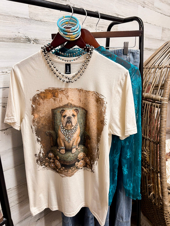 Fancy Francine the Glam French Bulldog Printed Short Sleeve Graphic Tee with Crystals in Cream