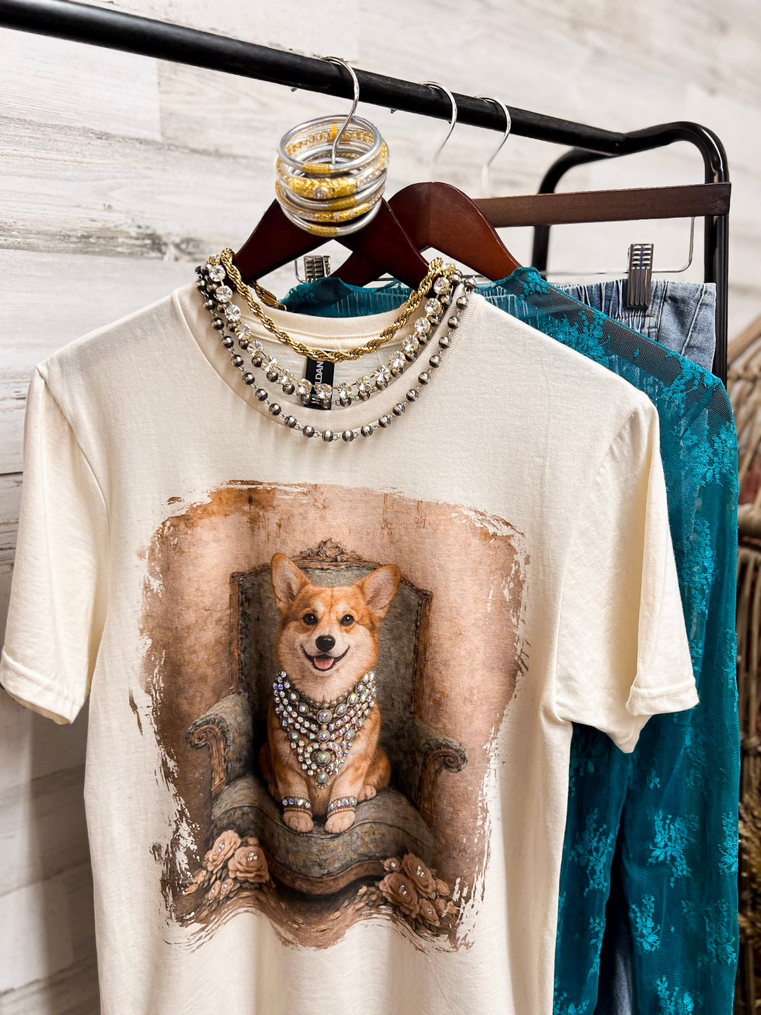 Charming Callie the Glam Corgi Printed Short Sleeve Graphic Tee with Crystals in Cream