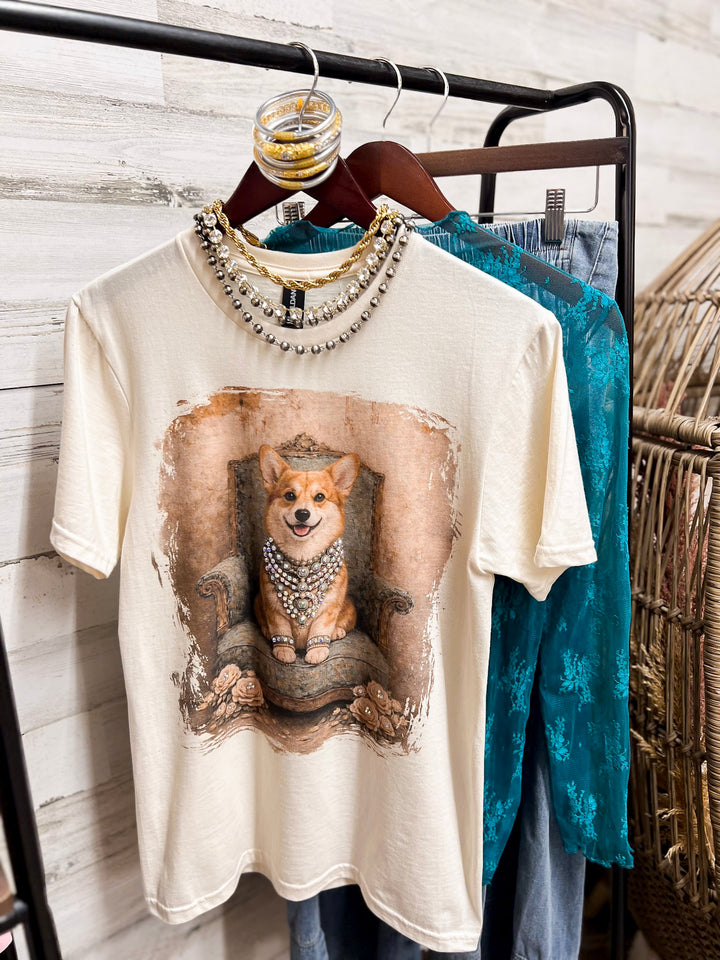 Charming Callie the Glam Corgi Printed Short Sleeve Graphic Tee with Crystals in Cream