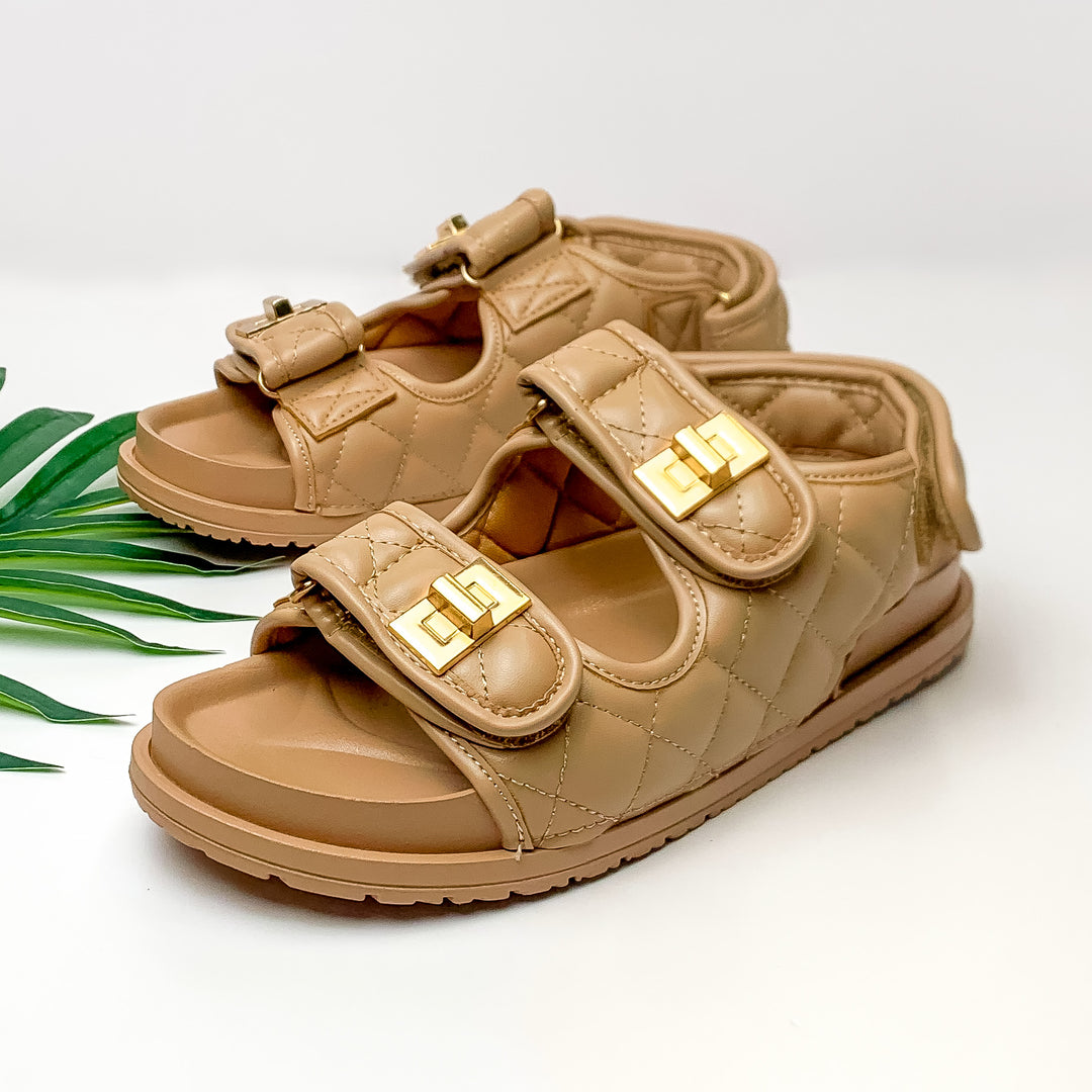 Weekend Trip Two Strap Velcro Sandals in Tan Brown - Giddy Up Glamour Boutique