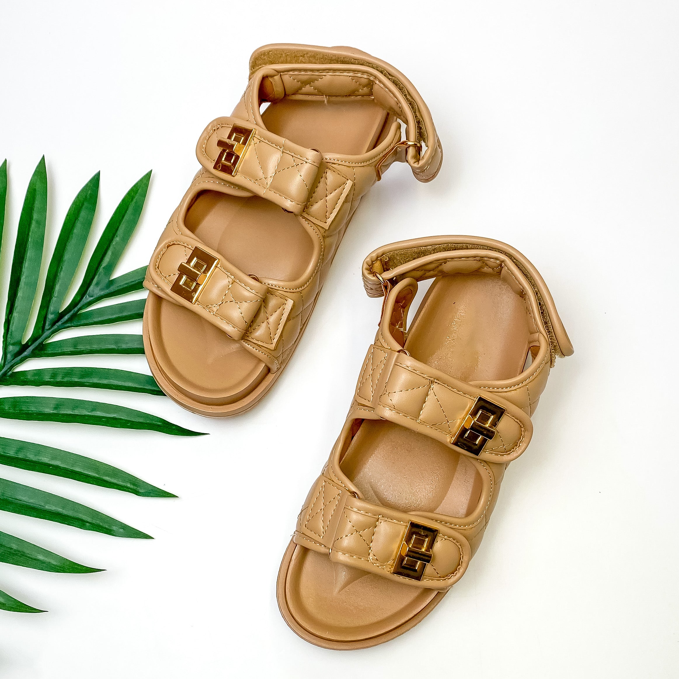 Weekend Trip Two Strap Velcro Sandals in Tan Brown - Giddy Up Glamour Boutique