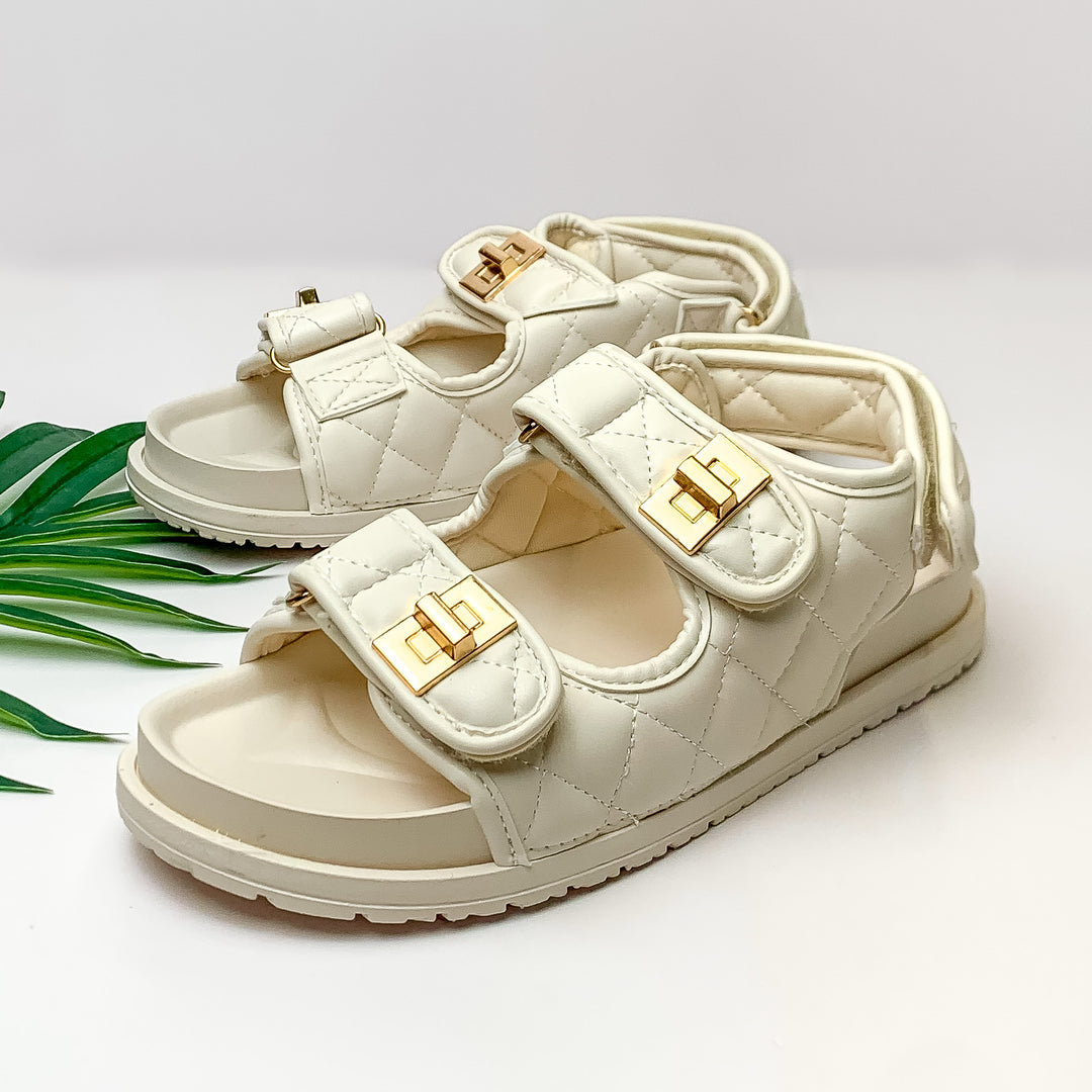 Weekend Trip Two Strap Velcro Sandals in Off White - Giddy Up Glamour Boutique