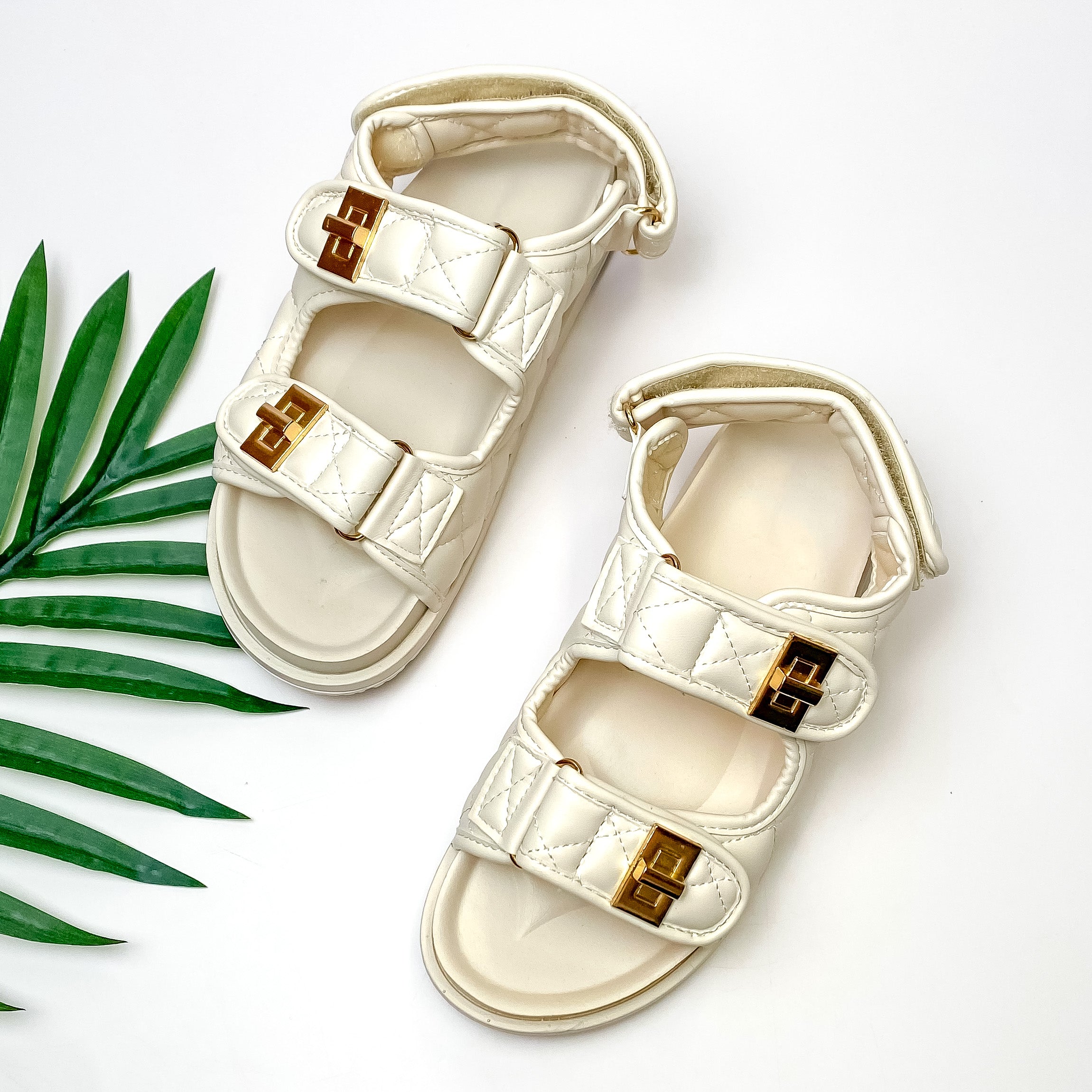 Weekend Trip Two Strap Velcro Sandals in Off White - Giddy Up Glamour Boutique