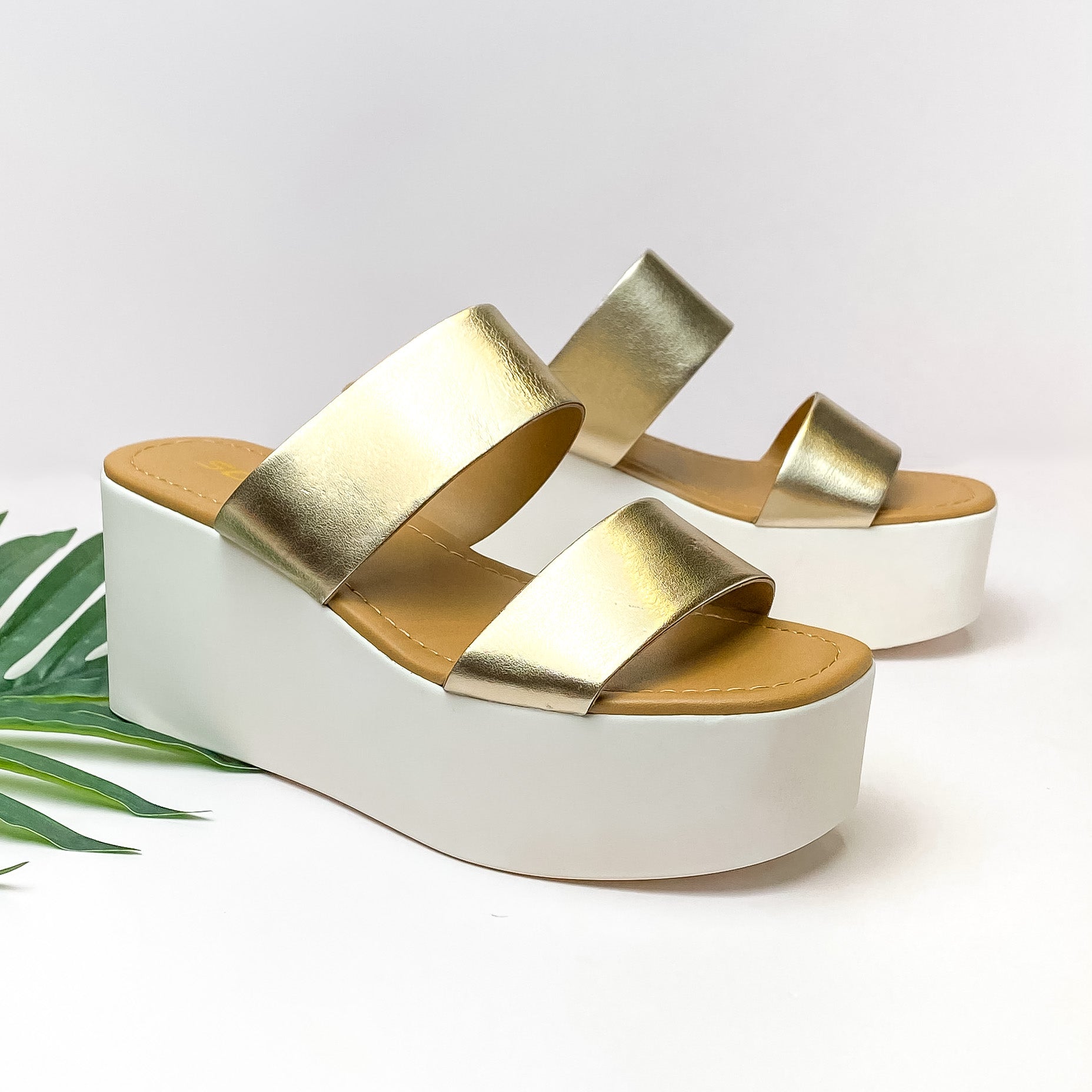 Feeling Brand New Two Strap White Platform Wedges in Gold