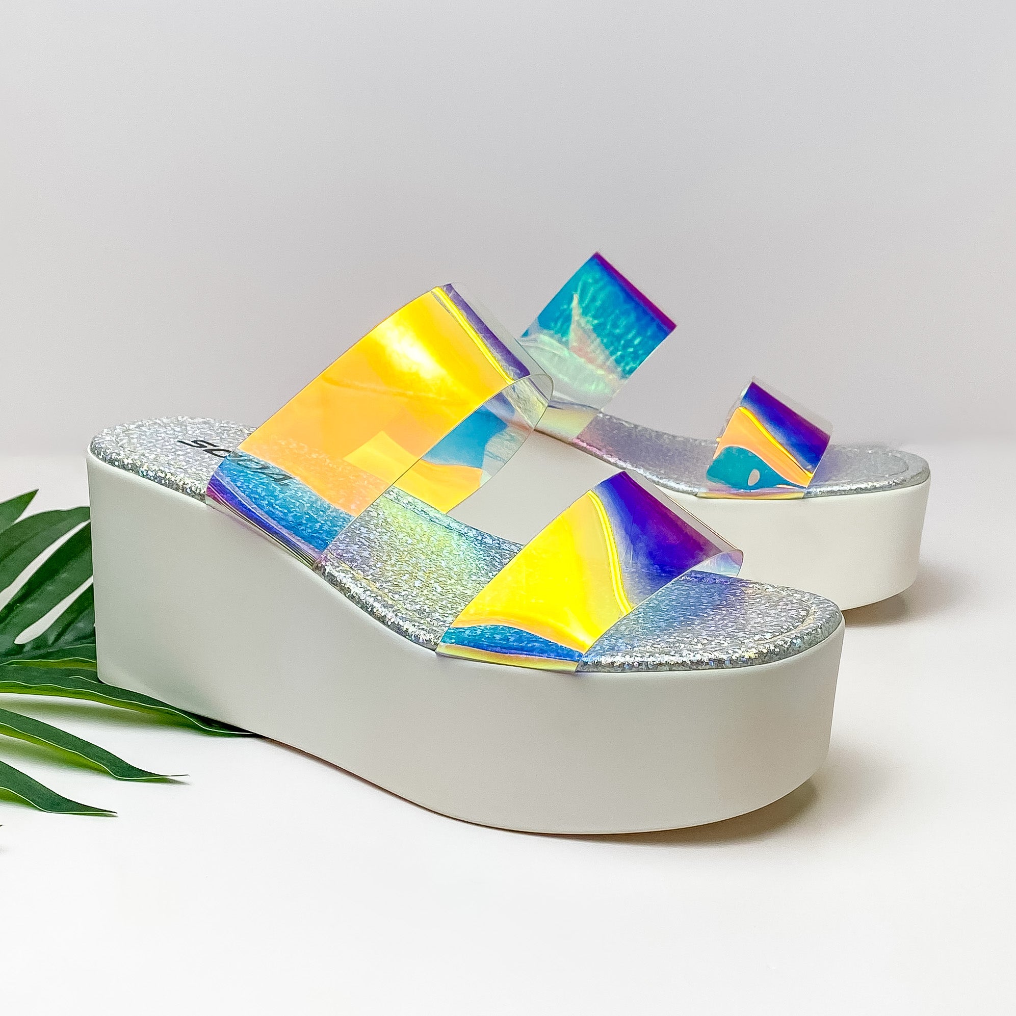 Feeling Brand New Two Strap White Platform Wedges in Iridescent