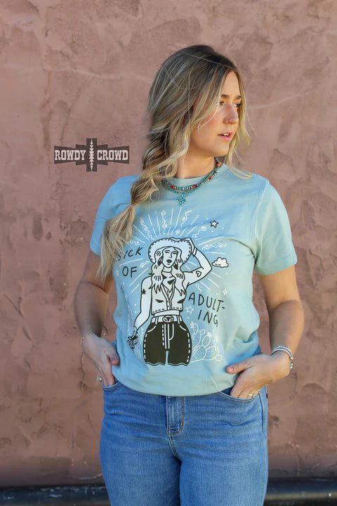Online Exclusive | Sick of Adulting Short Sleeve Graphic Tee in Blue - Giddy Up Glamour Boutique