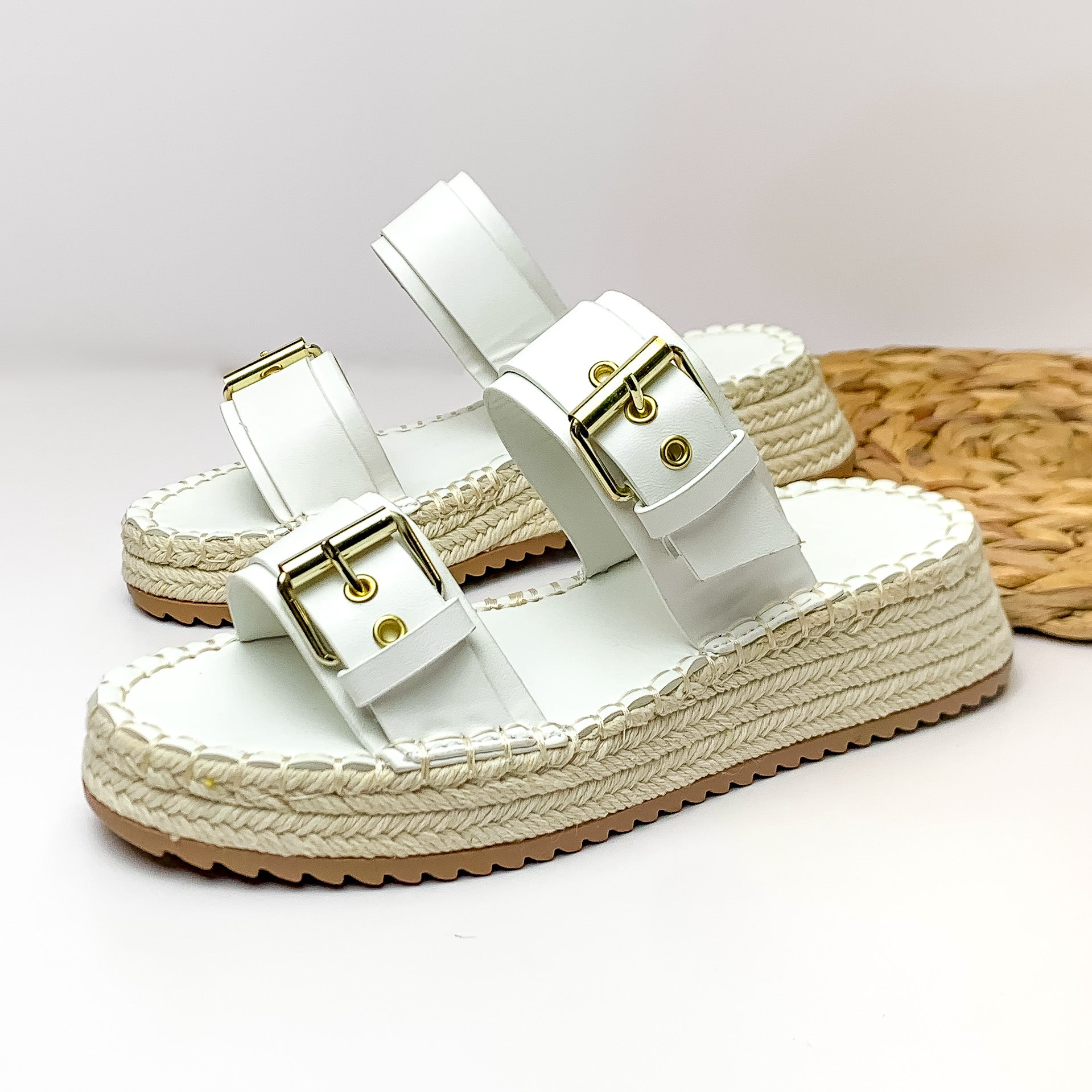 Yacht Trip Two Strap Slide On Espadrille Platform Sandals with Gold Buckles in White - Giddy Up Glamour Boutique