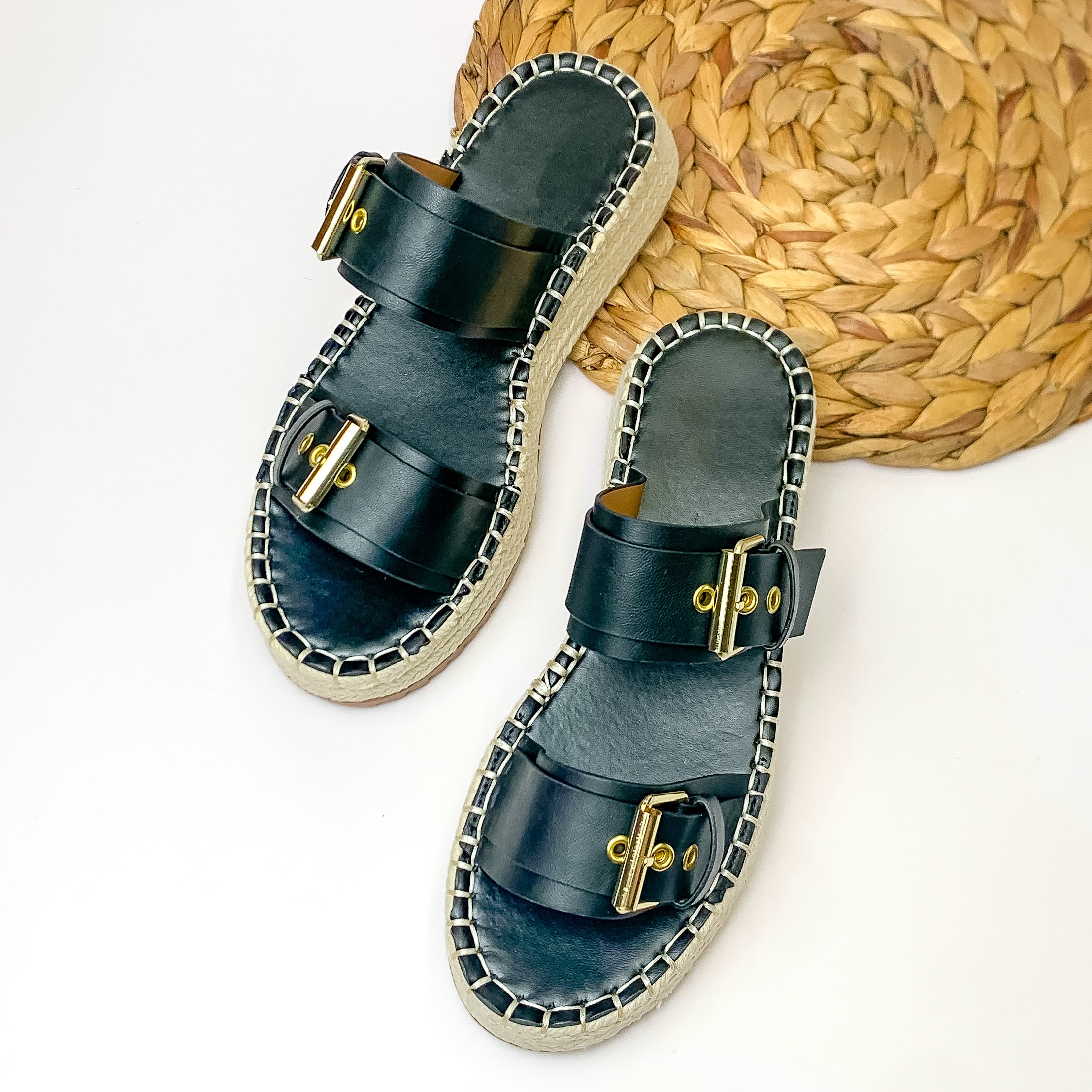 Yacht Trip Two Strap Slide On Espadrille Platform Sandals with Gold Buckles in Black - Giddy Up Glamour Boutique
