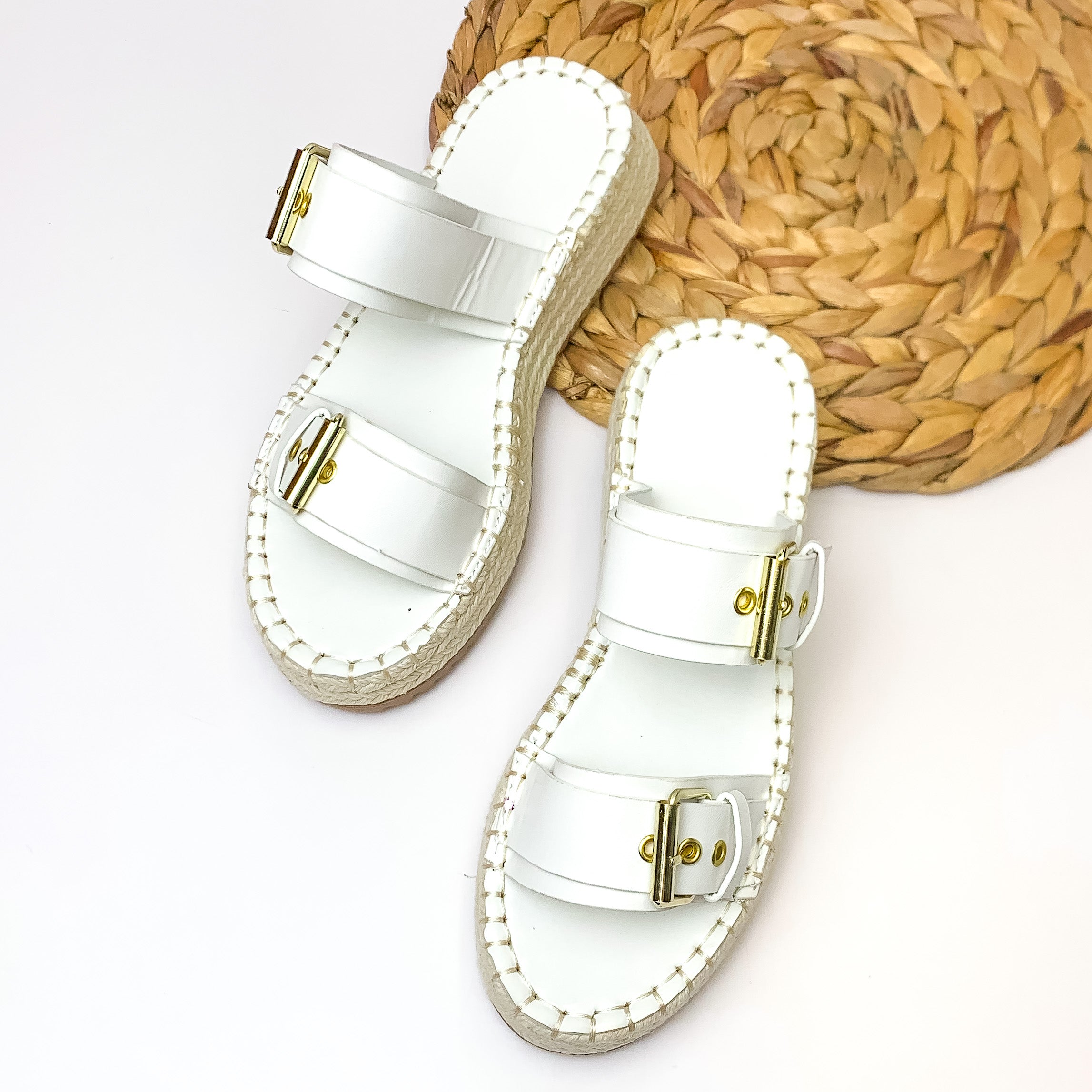 Yacht Trip Two Strap Slide On Espadrille Platform Sandals with Gold Buckles in White