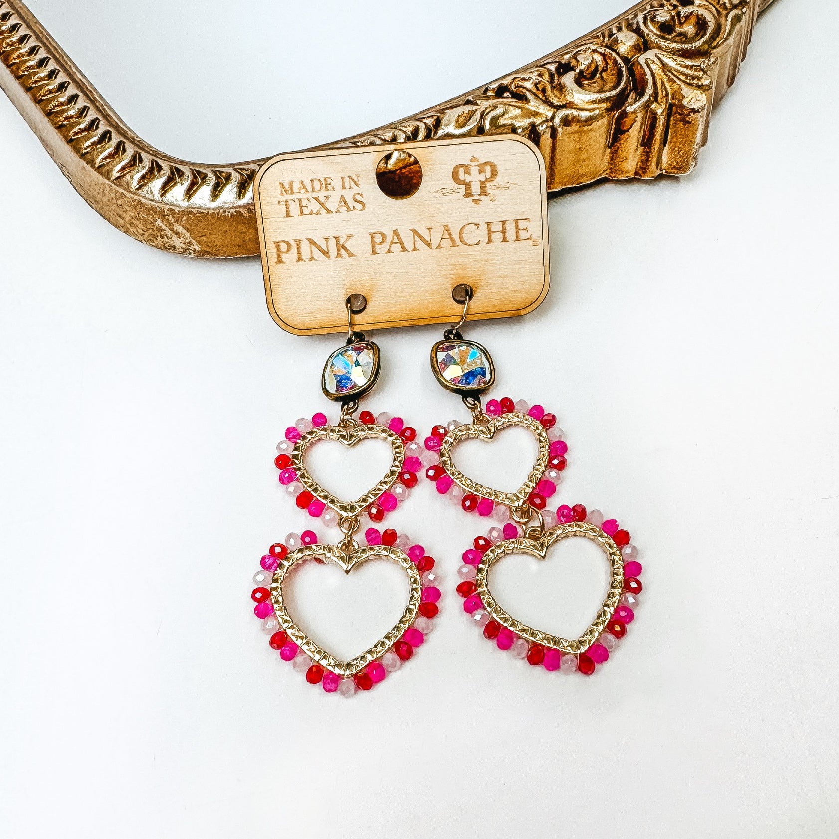 Pink Panache | Gold Tone AB Crystal Double Heart Drop Earrings in Fuchsia Pink Mix - Giddy Up Glamour Boutique
