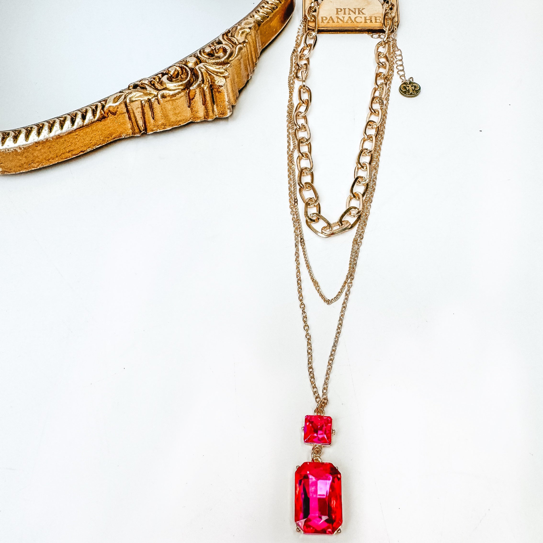 Pink Panache | 3 Strand Gold Tone Chain Necklace with Fuchsia Pink Square and Rectangle Pendant - Giddy Up Glamour Boutique