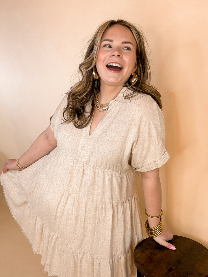 Taos Transitions Ruffle Tiered Collared Dress with Frayed Hem in Beige - Giddy Up Glamour Boutique
