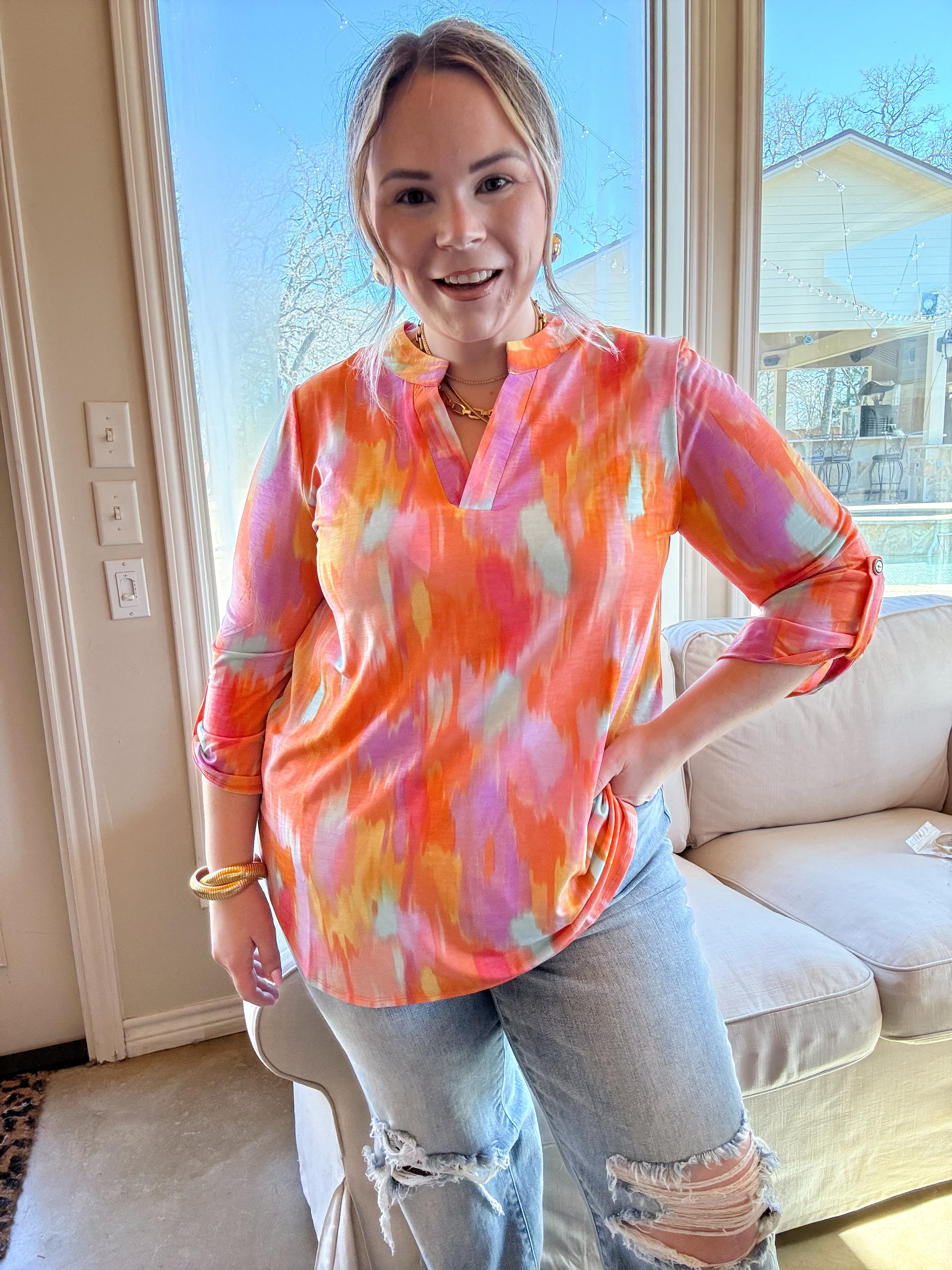 Urban Elegance Watercolor 3/4 Sleeve Tunic Top in Orange Mix - Giddy Up Glamour Boutique